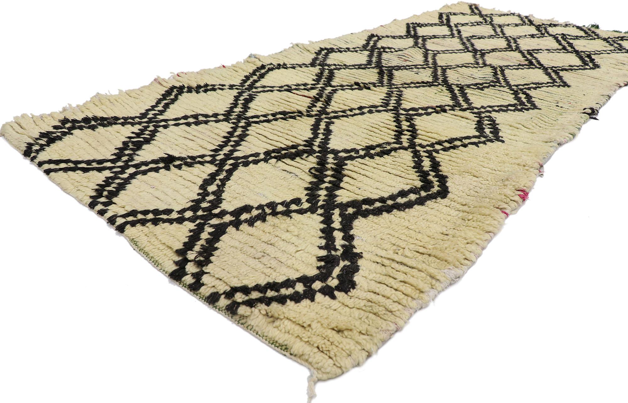 21579 Vintage Berber Moroccan Azilal Rug with Tribal Style 03'10 x 07'11. With its simplicity, plush pile and tribal style, this hand knotted wool vintage Berber Moroccan Azilal rug is a captivating vision of woven beauty. It features a lozenge