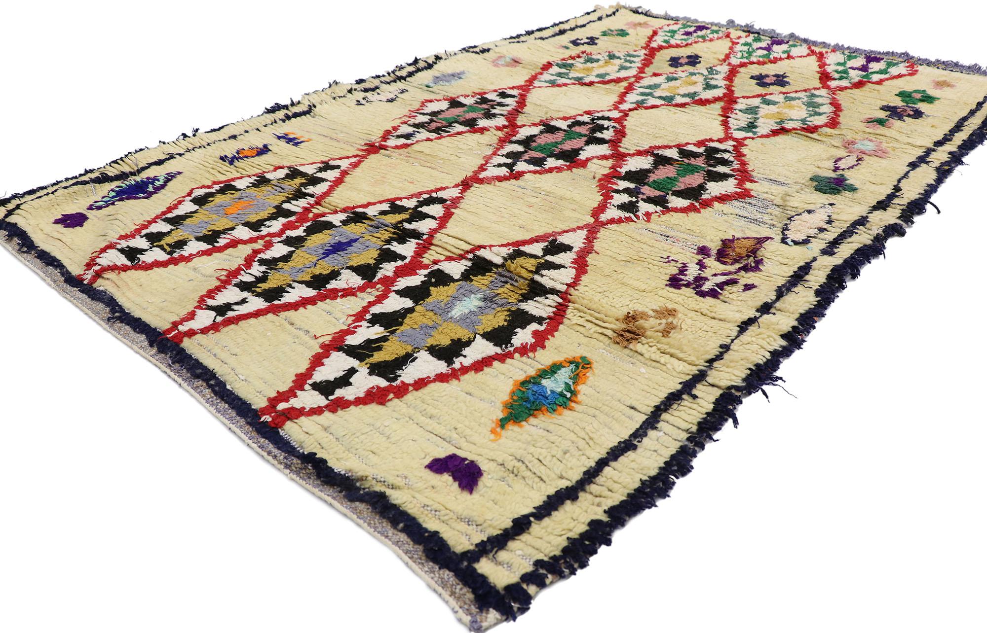 21587 Vintage Berber Moroccan Azilal rug with Tribal style 03'11 x 06'04. Showcasing a bold expressive design, incredible detail and texture, this hand knotted cotton and wool vintage Berber Moroccan Azilal rug is a captivating vision of woven