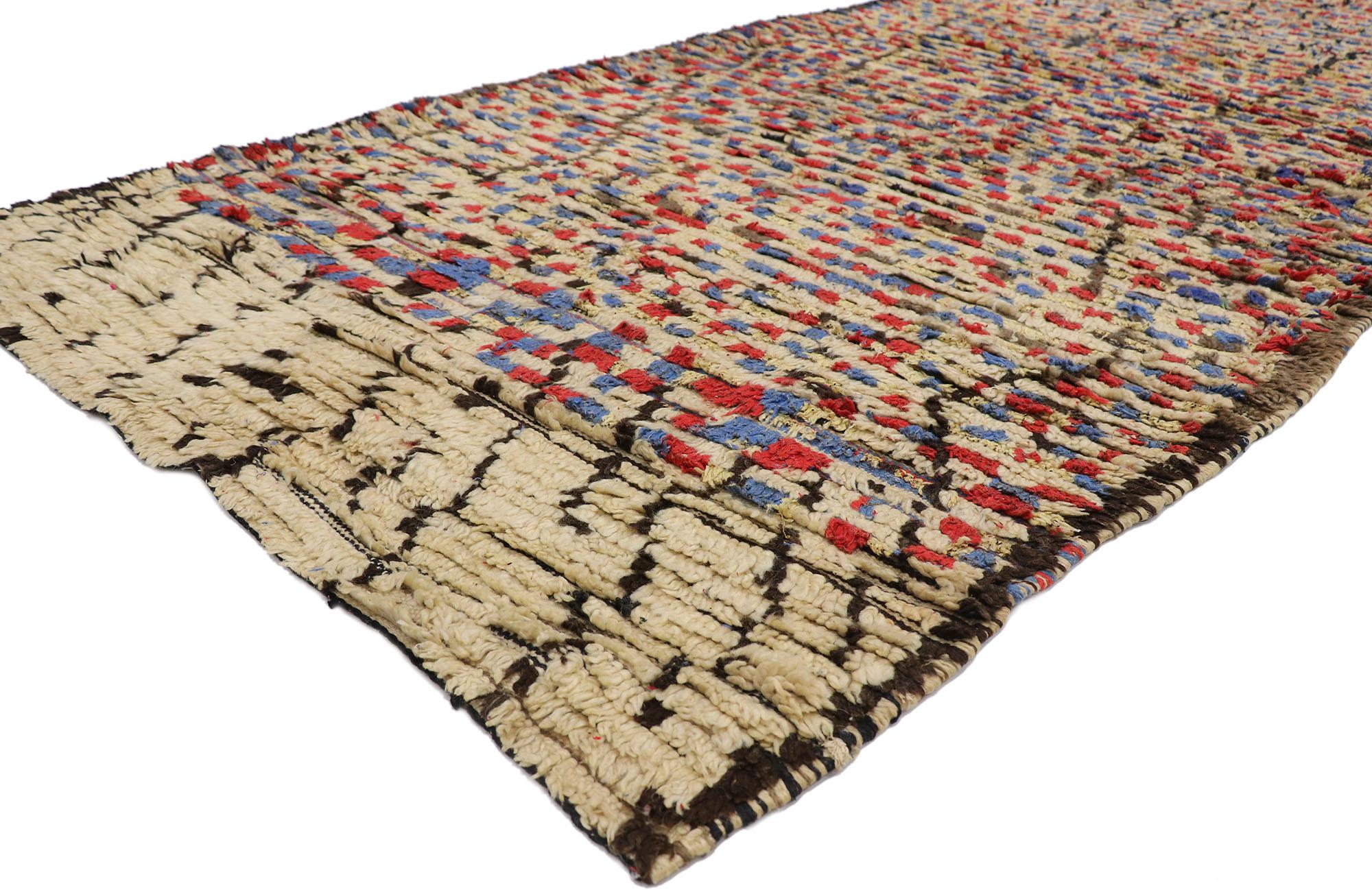 21455 Vintage Berber Moroccan Azilal rug with Tribal Style 04'11 x 10'00. Showcasing bold expressive linear art form, incredible detail and texture, this hand knotted wool vintage Berber Moroccan Azilal rug is a captivating vision of woven beauty.