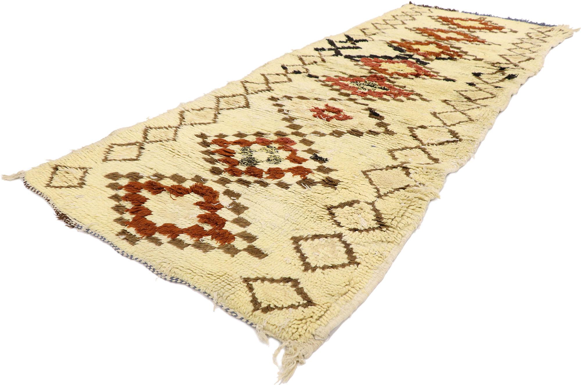 21561 Vintage Berber Moroccan Azilal rug with Tribal Style 02'06 x 06'08. Showcasing a bold expressive design, incredible detail and texture, this hand knotted wool vintage Berber Moroccan Azilal rug is a captivating vision of woven beauty. The