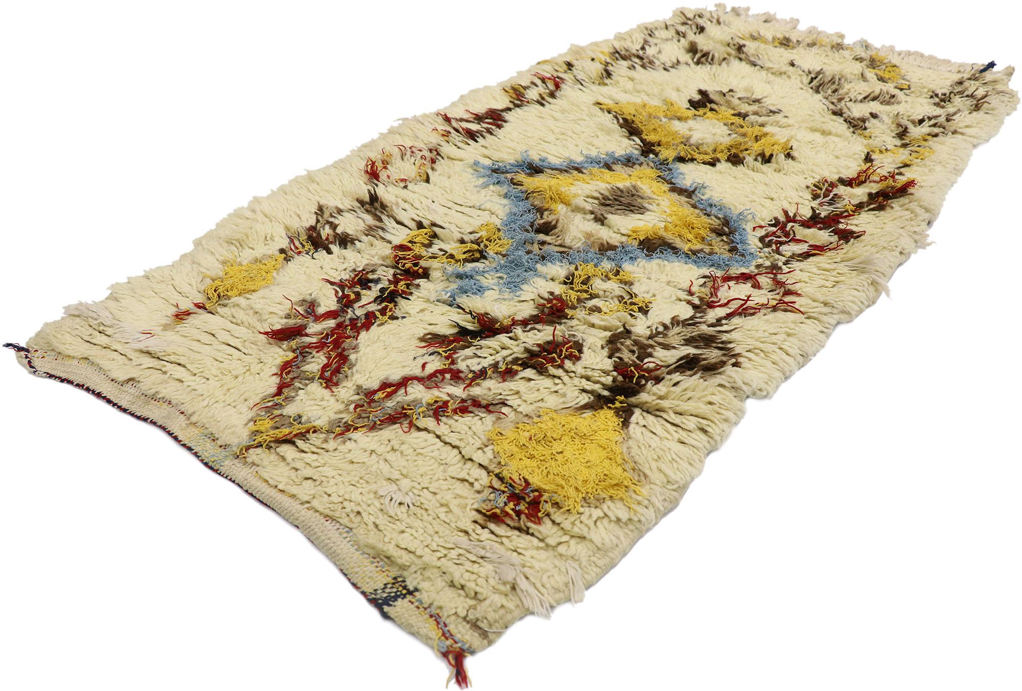 21560 vintage Berber Moroccan Azilal rug with Tribal style 02'07 x 05'05. Showcasing a bold expressive design, incredible detail and texture, this hand knotted wool vintage Berber Moroccan Azilal rug is a captivating vision of woven beauty. The