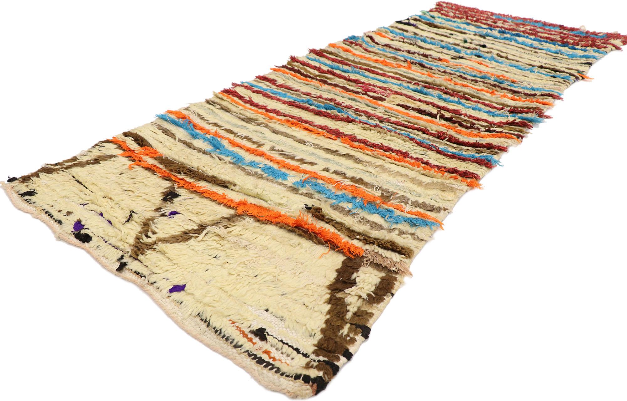 21558 Vintage Berber Moroccan Azilal rug with Tribal Style 02'04 x 06'03. Showcasing an abstract linear design, incredible detail and texture, this hand knotted cotton and wool vintage Berber Moroccan Azilal rug is a captivating vision of woven