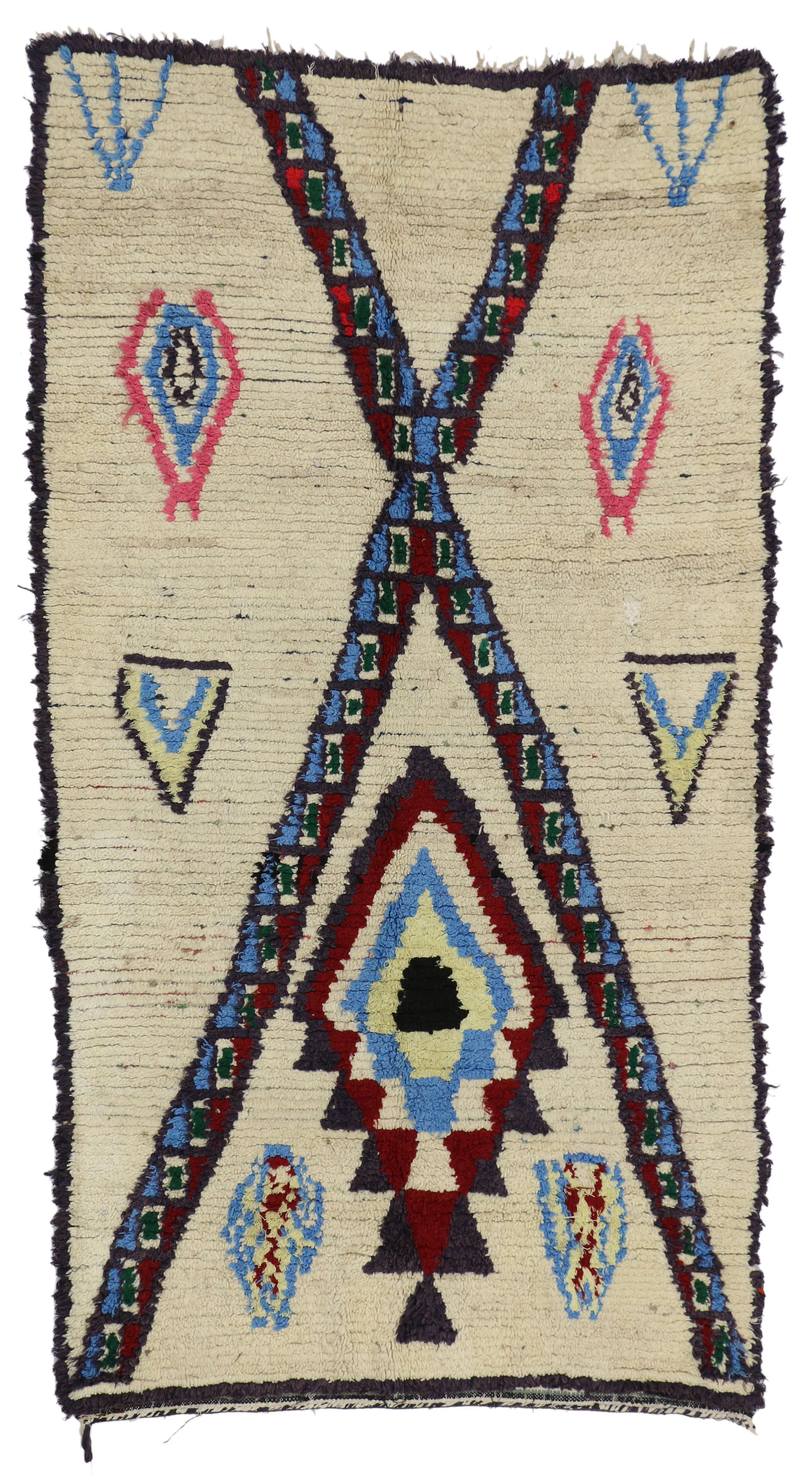 20620 Vintage Berber Moroccan Azilal Tribal Rug with Post-Modern Memphis Style. This Vintage Berber Moroccan Azilal rug with tribal style is an exceptional representation of Berber culture and symbolism. The Moroccan Azilal rugs are characterized by