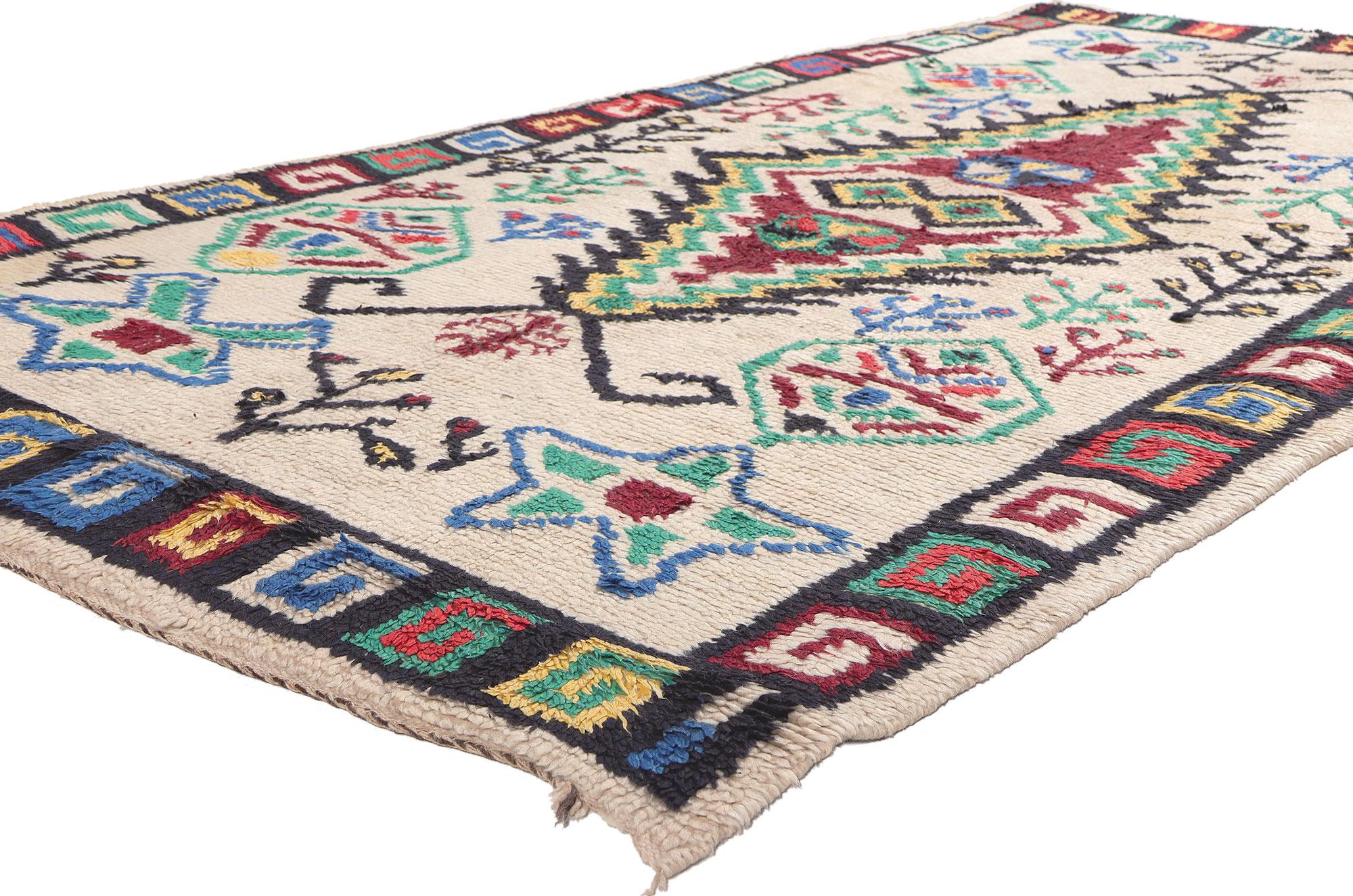 20320 Vintage Moroccan Azilal Rug, 04'07 x 08'09. Embark on a journey of tribal enchantment with this vibrant Azilal Moroccan rug, meticulously hand-knotted from soft wool. The colorful Azilal rug unfolds against a warm beige backdrop, revealing a