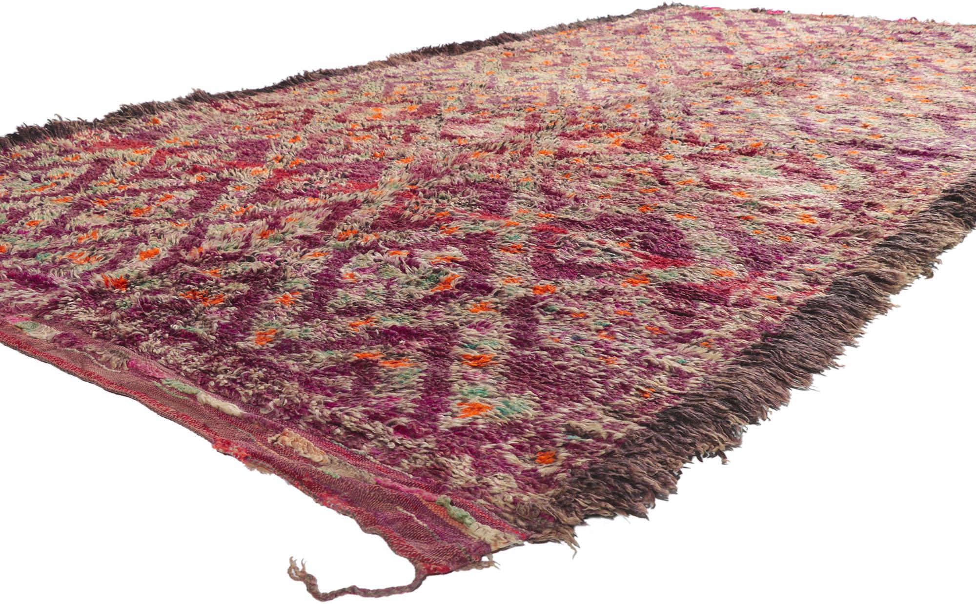 21336 Vintage Berber Moroccan Beni M'Guild Rug with Bohemian Style 06'04 x 12'02. Showcasing a bold expressive design, incredible detail and texture, this hand knotted wool vintage Berber Beni M'Guild Moroccan rug is a captivating vision of woven