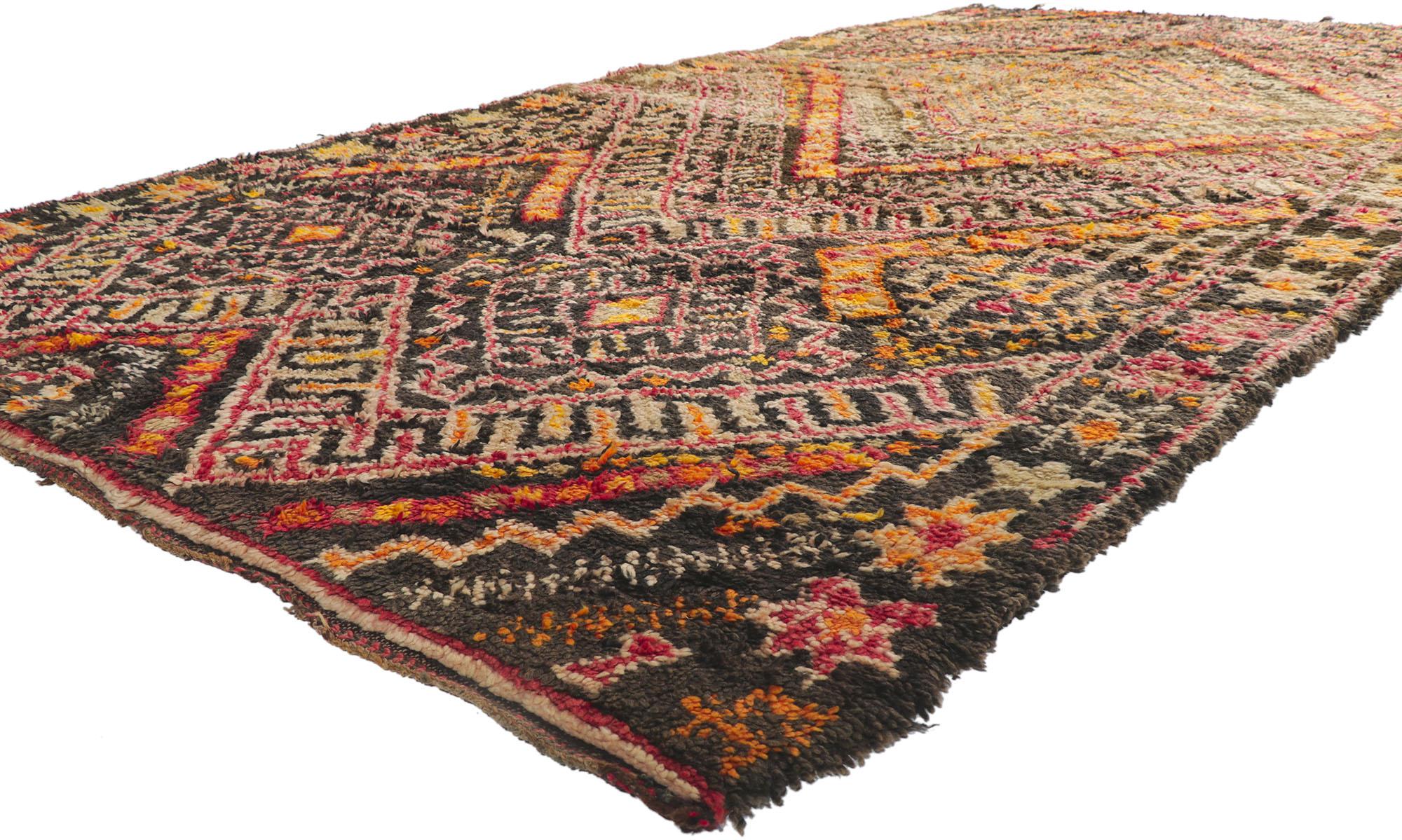 21338 vintage Berber Moroccan Beni M'Guild rug with Tribal style 06'09 x 13'06. Showcasing a bold expressive design, incredible detail and texture, this hand knotted wool vintage Berber Beni M'Guild Moroccan rug is a captivating vision of woven