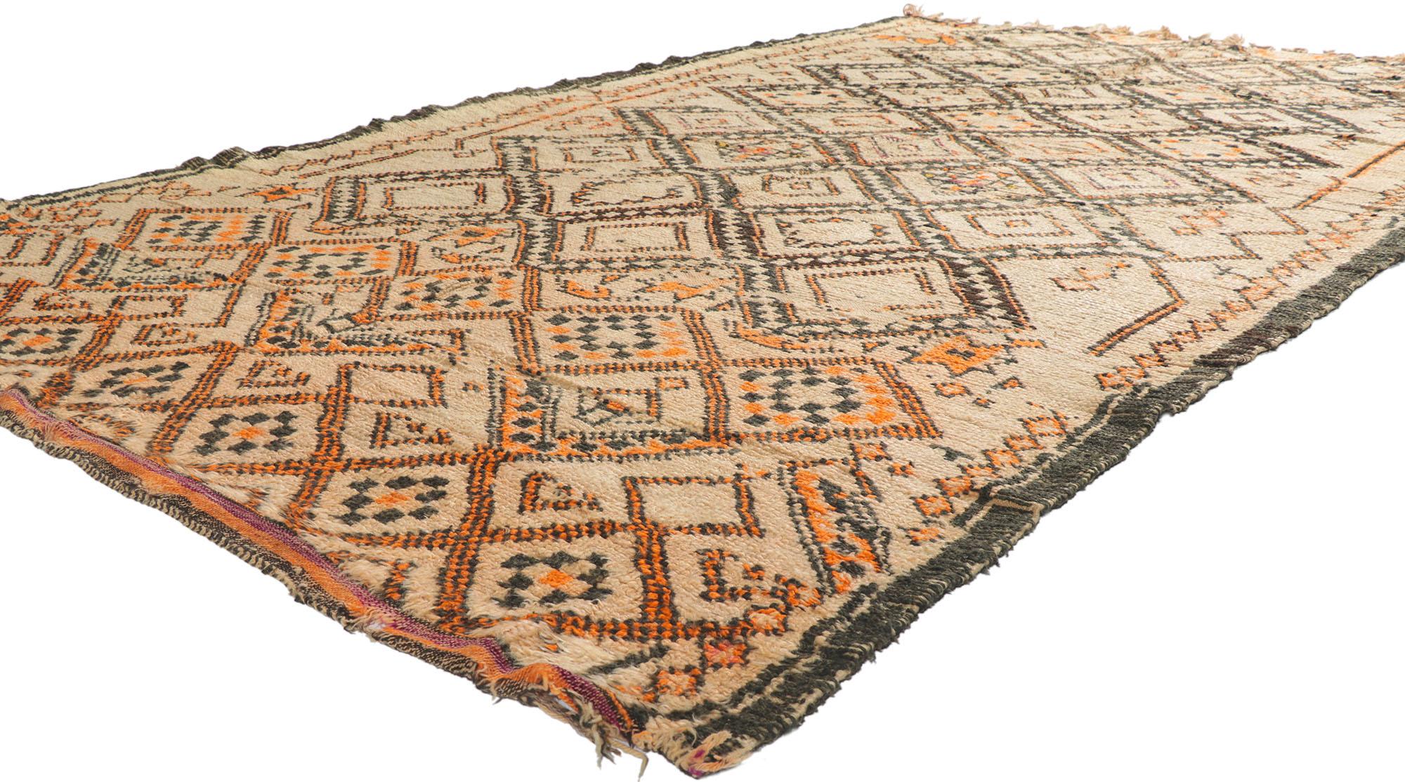 21367 Distressed Vintage Moroccan Beni Ourain Rug, 06'02 x 10'02.
With its simplicity, plush pile and tribal style, this hand knotted wool vintage Berber Beni Ourain Moroccan rug is a captivating vision of woven beauty. the lovingly time-worn field