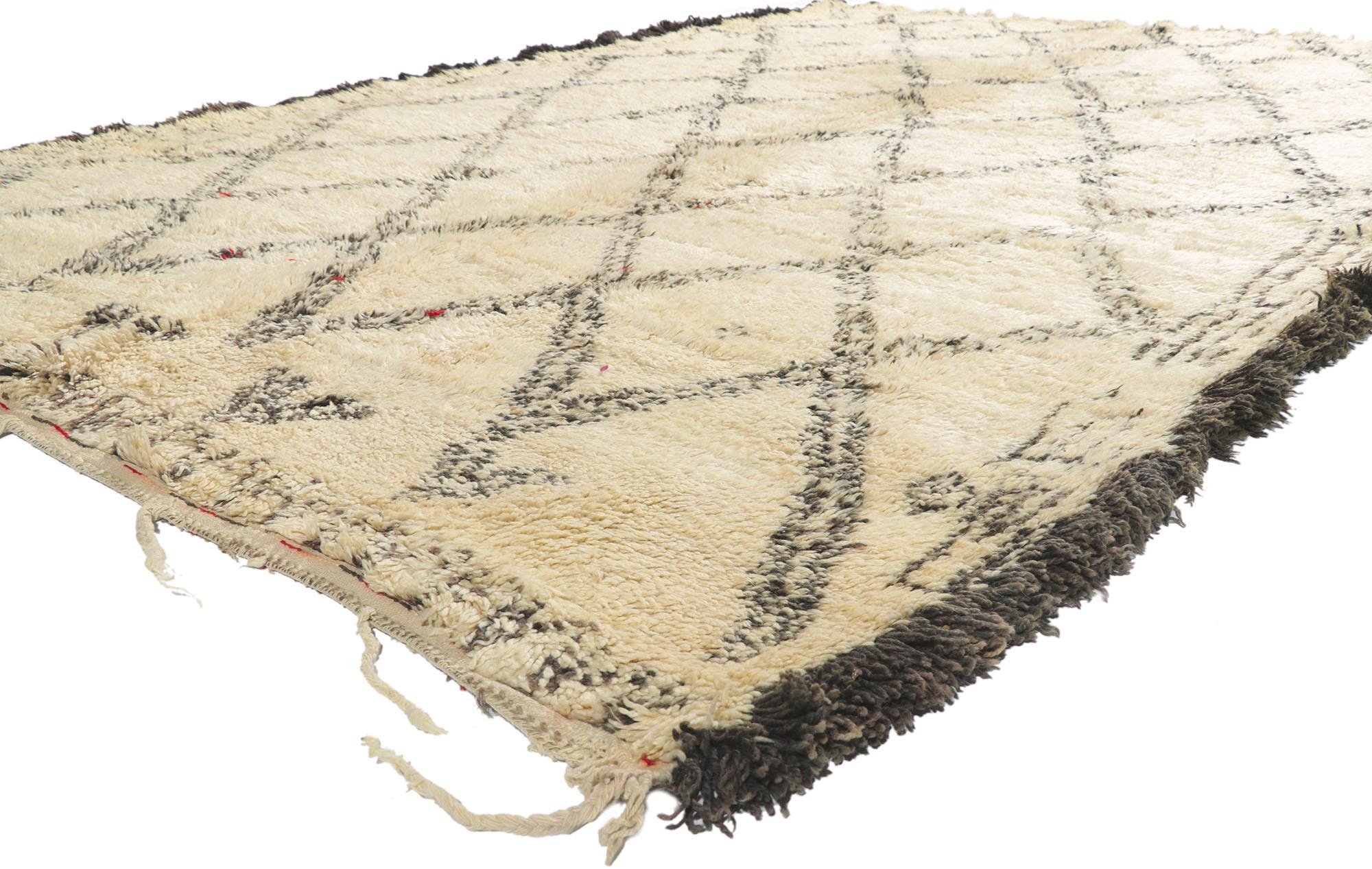 21364 Vintage Moroccan Beni Ourain Rug, 07'03 x 11'08. Emerging from the esteemed Beni Ourain tribe in Morocco, these meticulously crafted rugs pay homage to tradition with meticulous attention to detail, utilizing untreated sheep's wool to imbue