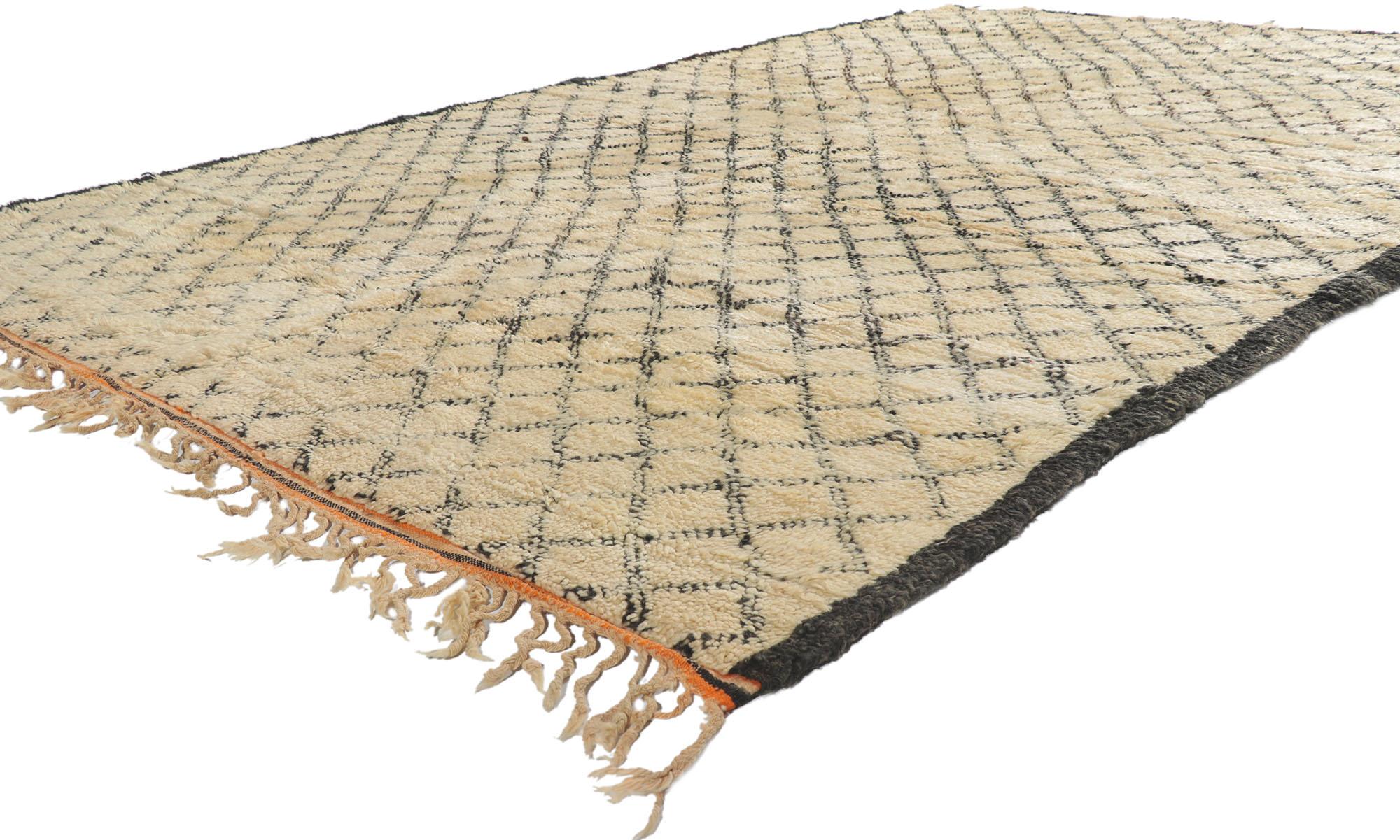 21363 Vintage Moroccan Beni Ourain Rug 06'08 x 09'10. Originating from the Beni Ourain tribe, a notable faction within the vast Berber community of Morocco, these Moroccan rugs are skillfully crafted using untreated sheep's wool, emphasizing their