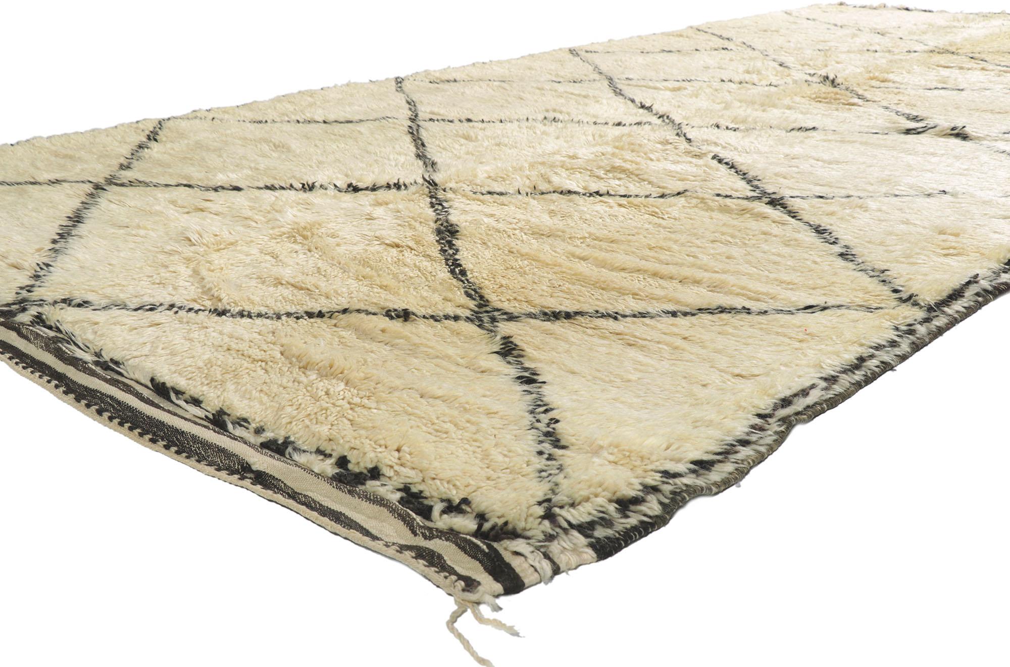 21358 Vintage Moroccan Beni Ourain Rug, 06'07 x 13'00. Originating from the renowned Beni Ourain tribe, an integral part of Morocco's diverse Berber community, these Moroccan rugs are crafted with meticulous attention to detail using untreated