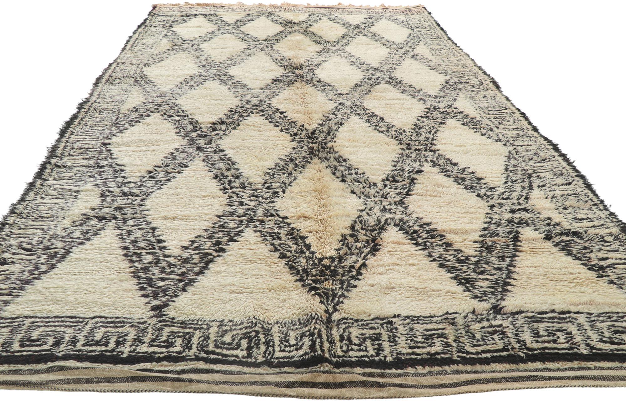Mid-Century Modern Vintage Moroccan Beni Ourain Rug, Cozy Boho Meets Cycladic Style For Sale