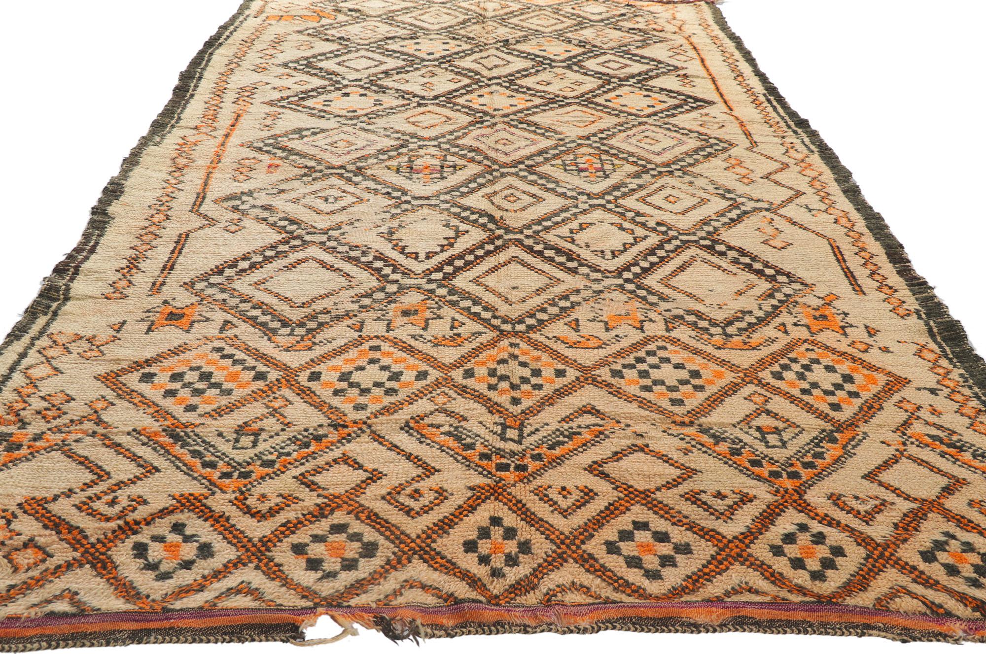 Vintage Moroccan Beni Ourain Rug, Rustic Sensibility Meets Nomadic Charm In Distressed Condition For Sale In Dallas, TX