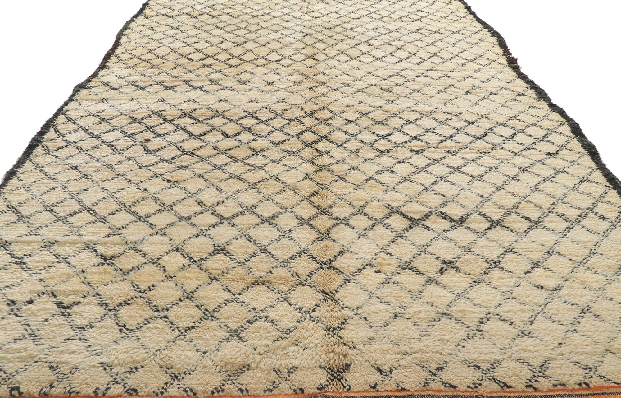 Hand-Knotted Vintage Moroccan Beni Ourain Rug, Cozy Boho Nomad Meets Midcentury Modern Style For Sale