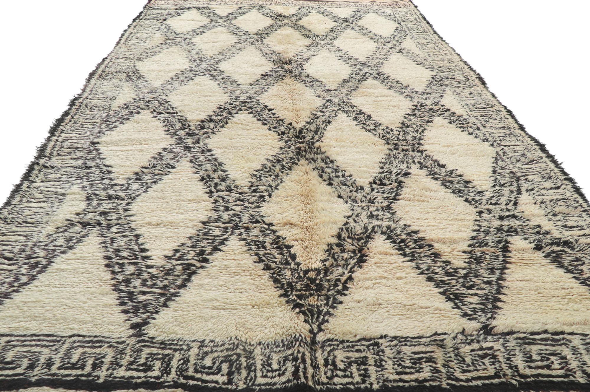 Hand-Knotted Vintage Moroccan Beni Ourain Rug, Cozy Boho Meets Cycladic Style For Sale