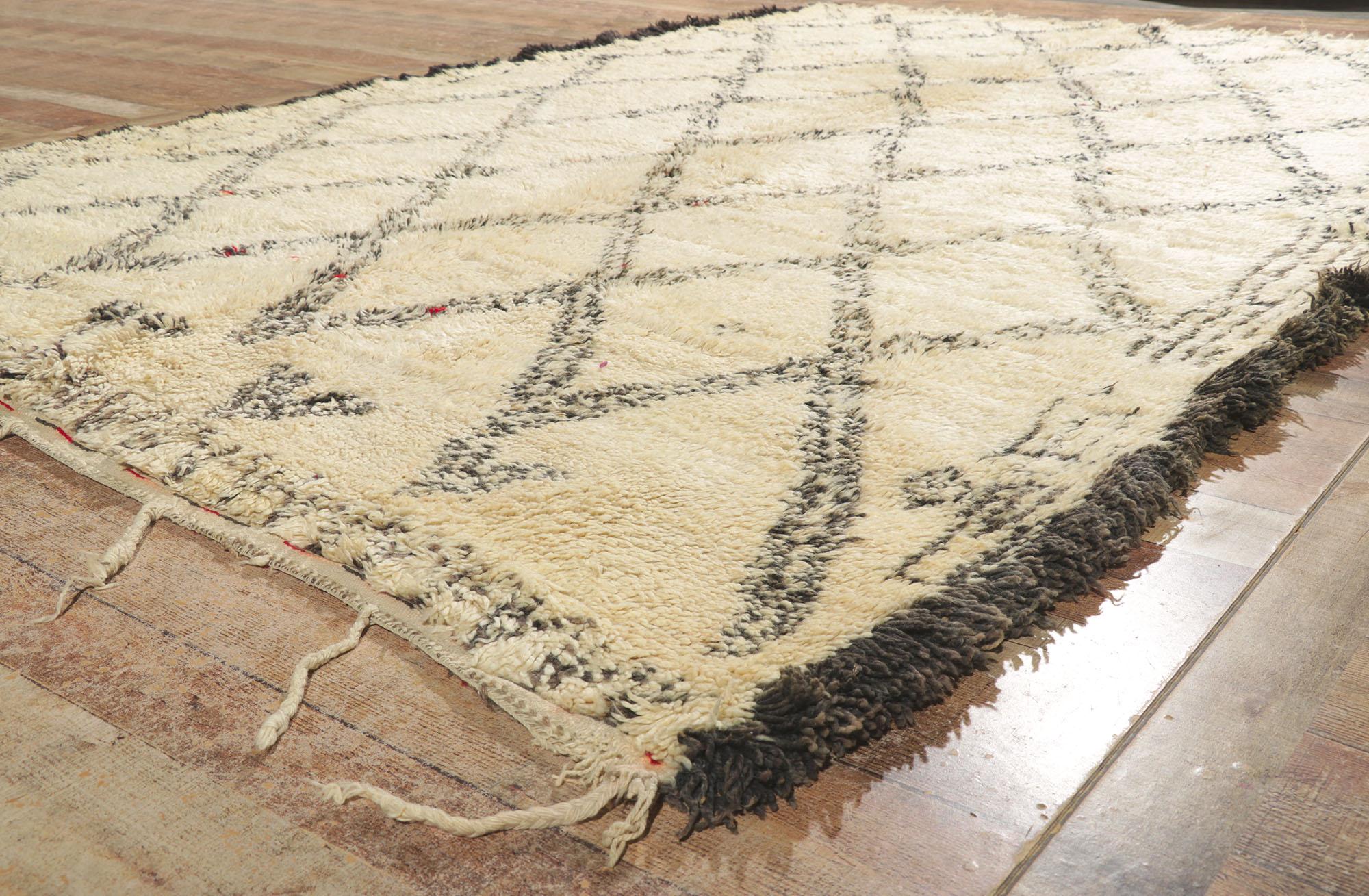 1960s Vintage Berber Beni Ourain Rug, Midcentury Meets Tribal Allure In Good Condition For Sale In Dallas, TX