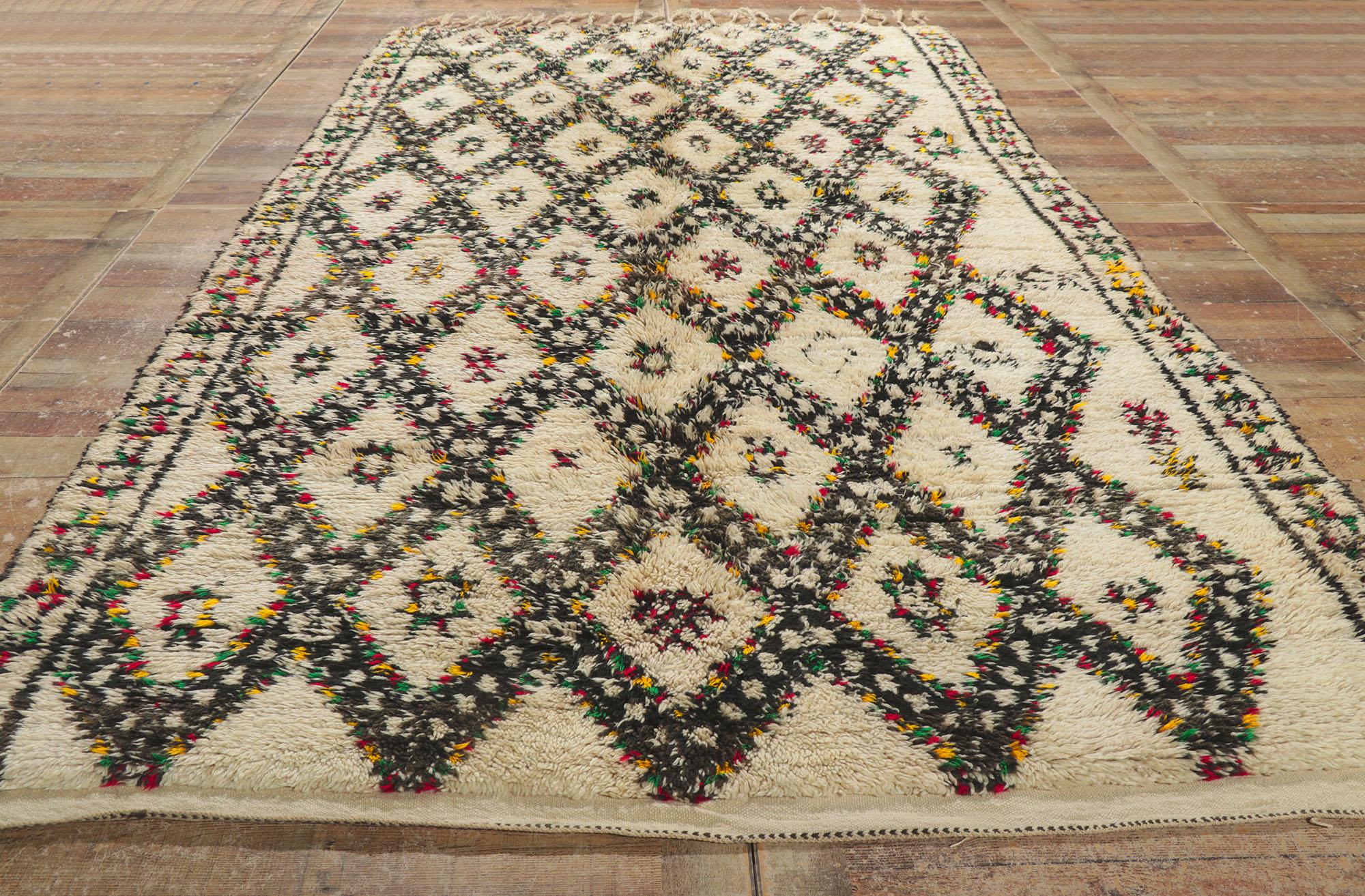 Wool Vintage Moroccan Beni Ourain Rug, Midcentury Boho Meets Tribal Enchantment For Sale