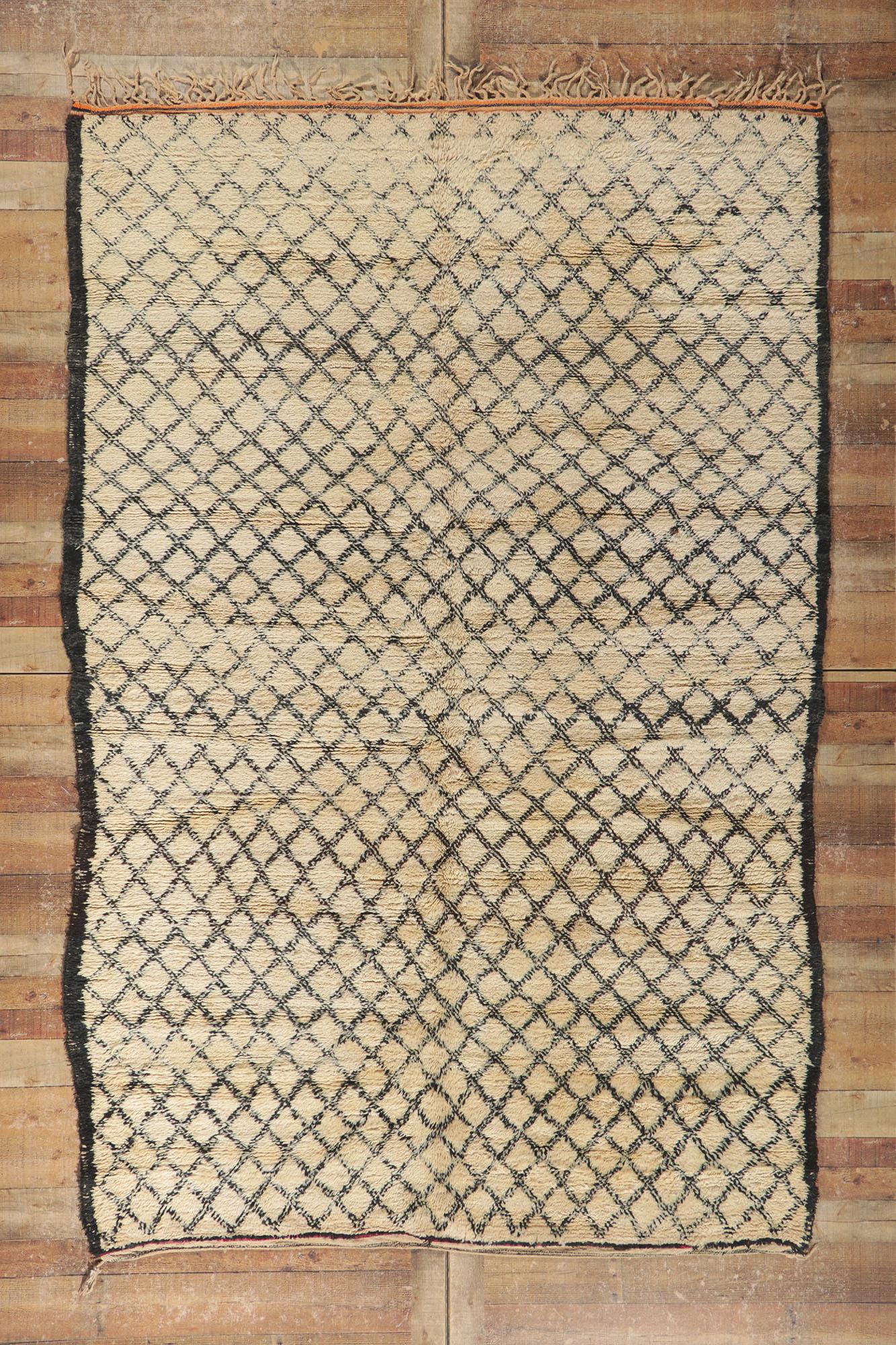 Vintage Moroccan Beni Ourain Rug, Cozy Boho Nomad Meets Midcentury Modern Style For Sale 1