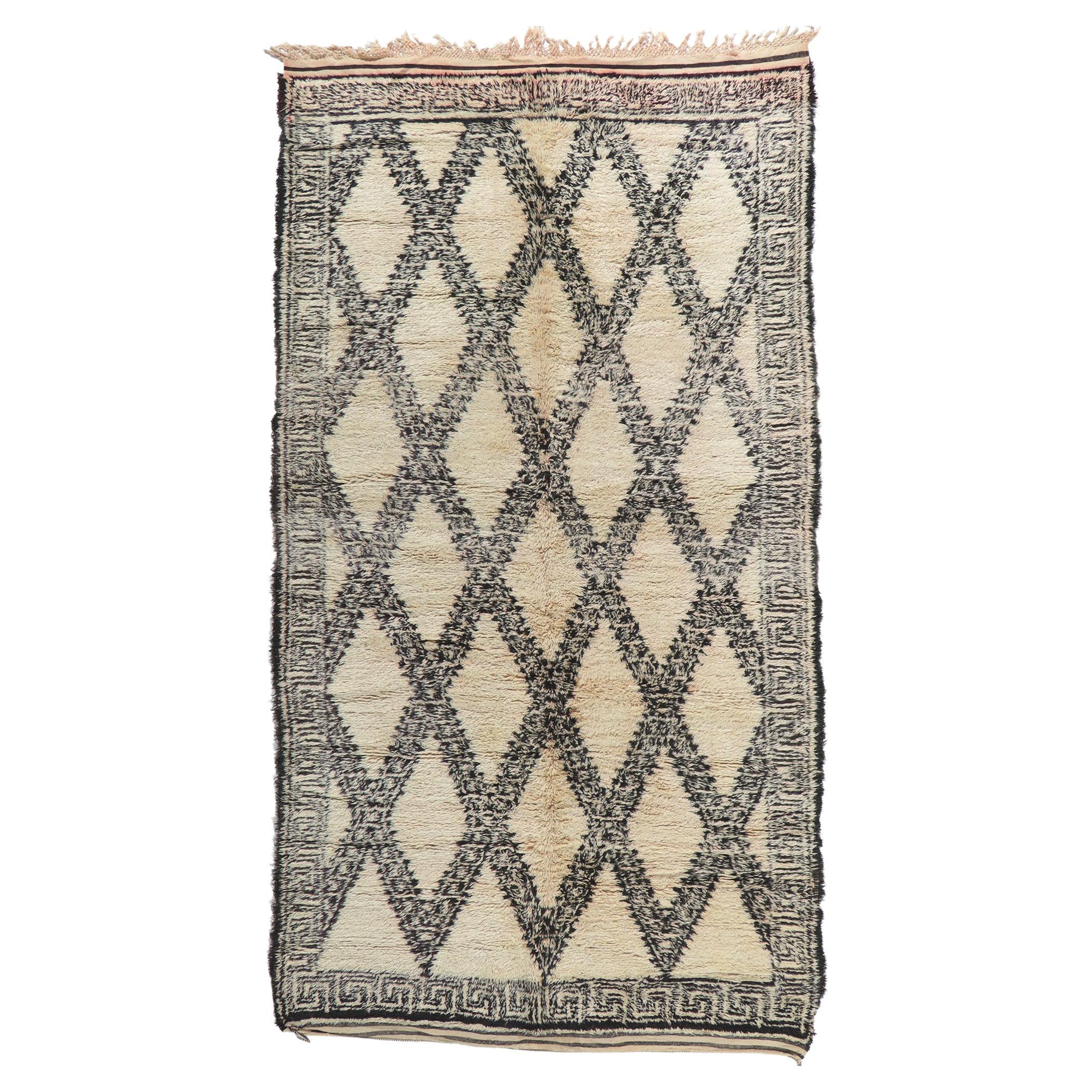 Vintage Moroccan Beni Ourain Rug, Cozy Boho Meets Cycladic Style For Sale