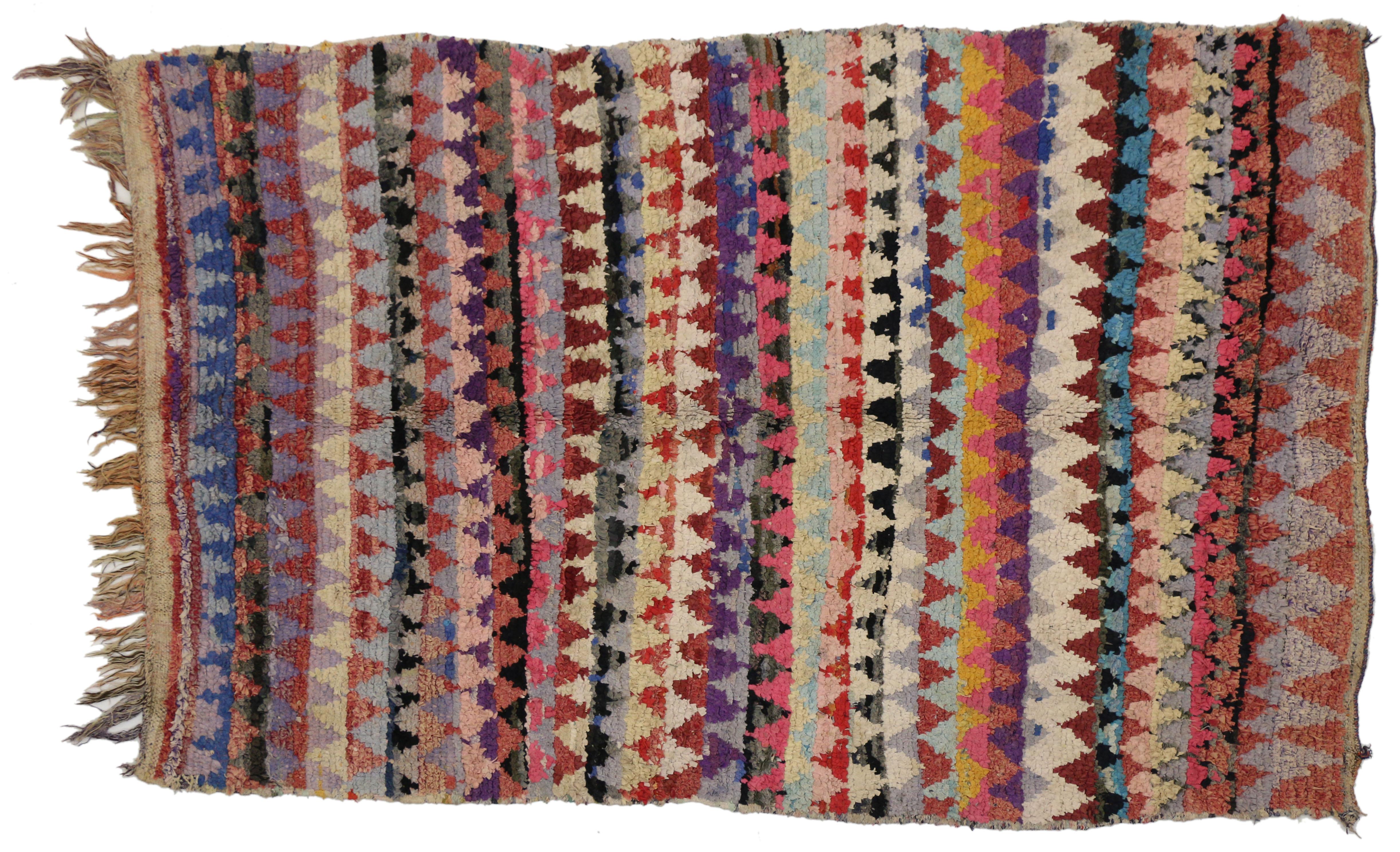 Hand-Knotted Vintage Berber Moroccan Boucherouite Accent Rug, Colorful Moroccan Shag Rug