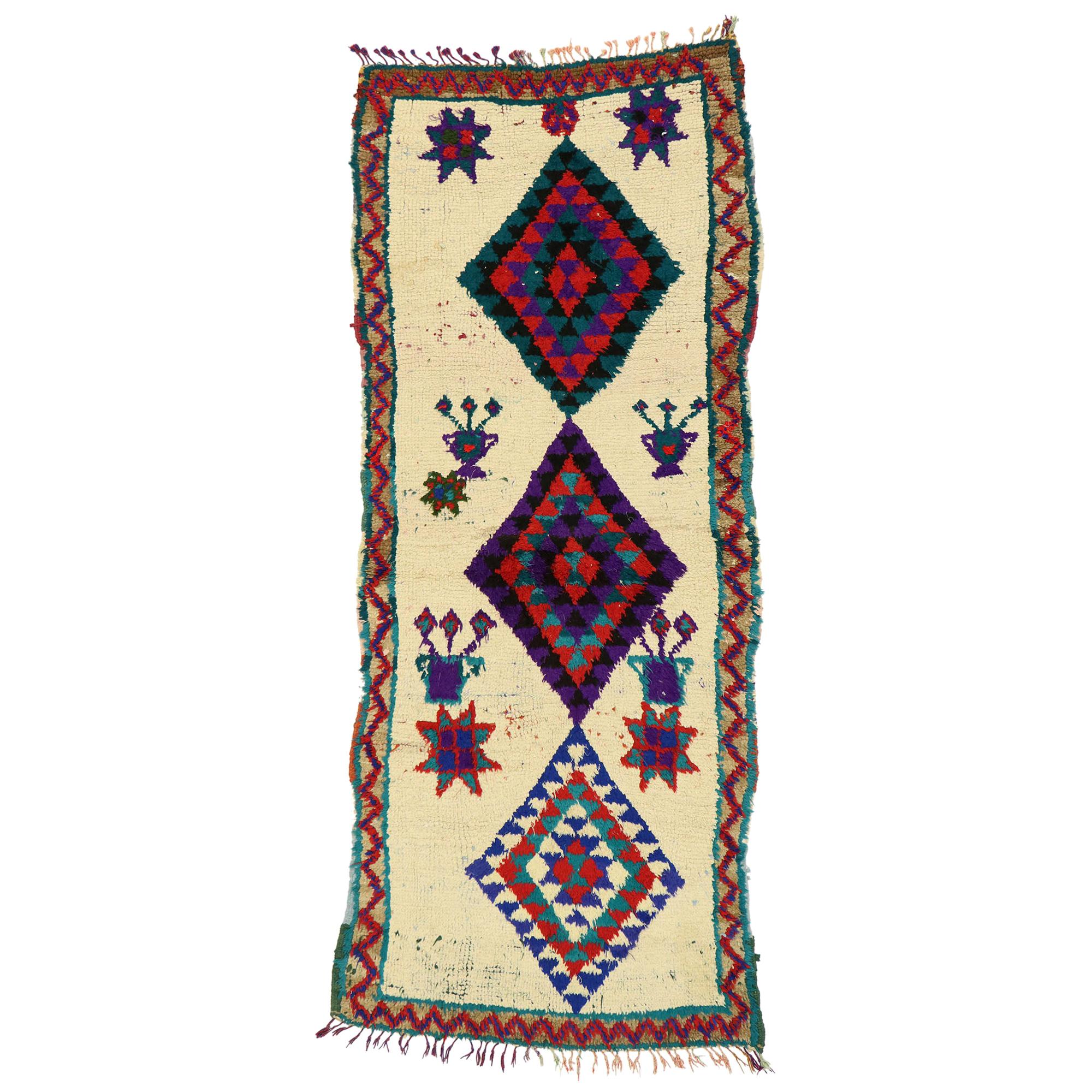 Vintage Berber Moroccan Boucherouite Azilal Rug with Tribal Style For Sale