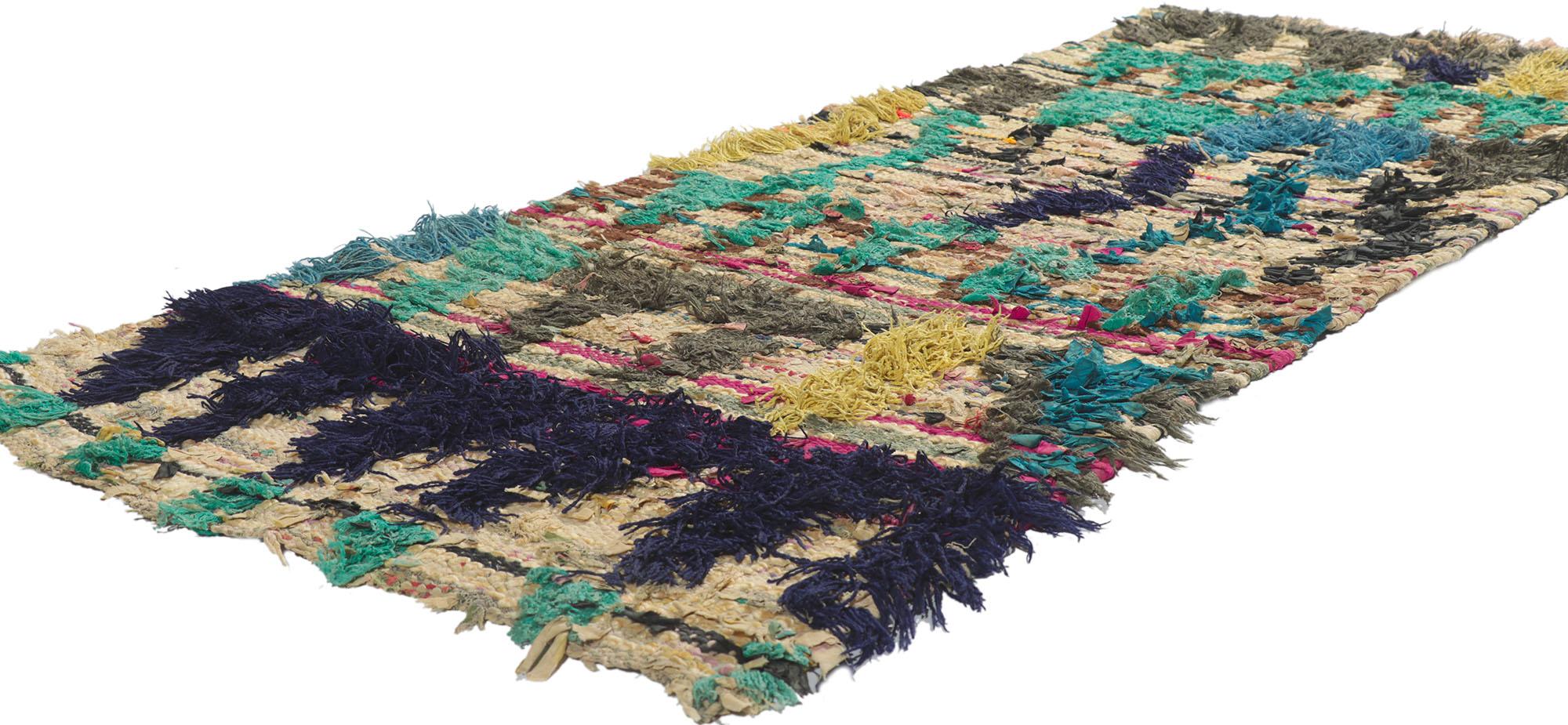 21632 vintage Berber Moroccan Boucherouite rug with Tribal style 02'06 x 05'06. With its expressive tribal design, incredible detail and texture, this hand knotted vintage Berber Moroccan Boucherouite rug is a captivating vision of woven beauty. The