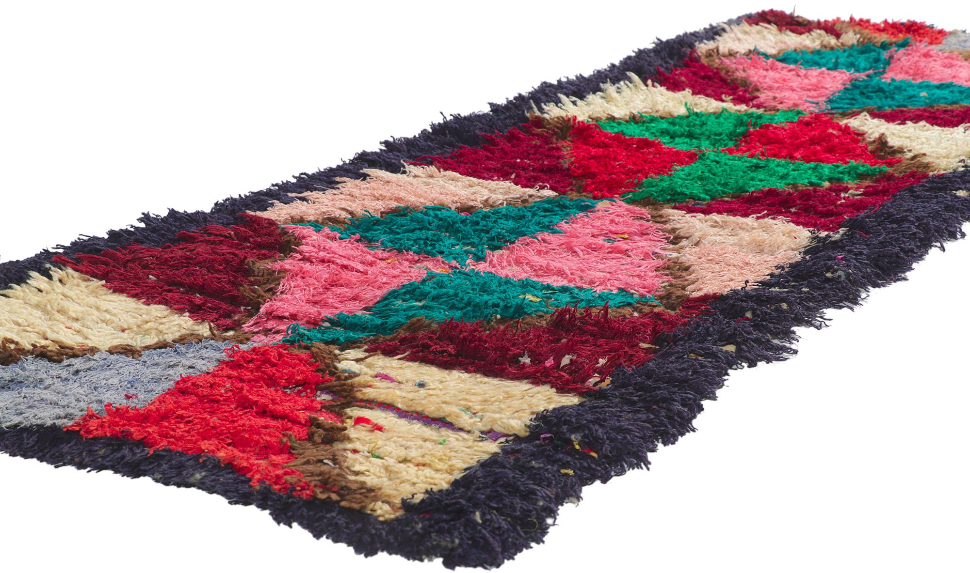 21630 vintage Berber Moroccan Boucherouite Rag rug 02'05 x 06'05. With its expressive tribal design, incredible detail and texture, this hand knotted vintage Berber Moroccan Boucherouite rug is a captivating vision of woven beauty. The abrashed