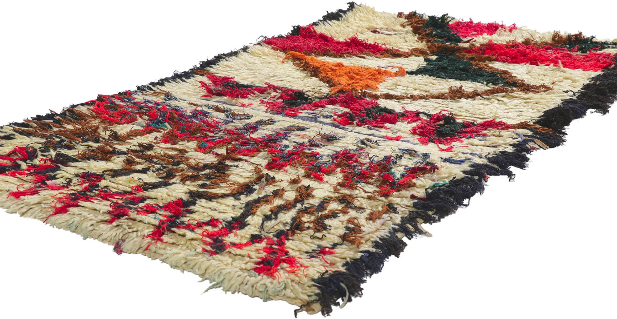 21626 Vintage Berber Moroccan Boucherouite Rag rug 03'00 x 05'09. With its expressive tribal design, incredible detail and texture, this hand knotted vintage Berber Moroccan Boucherouite rug is a captivating vision of woven beauty. The abrashed