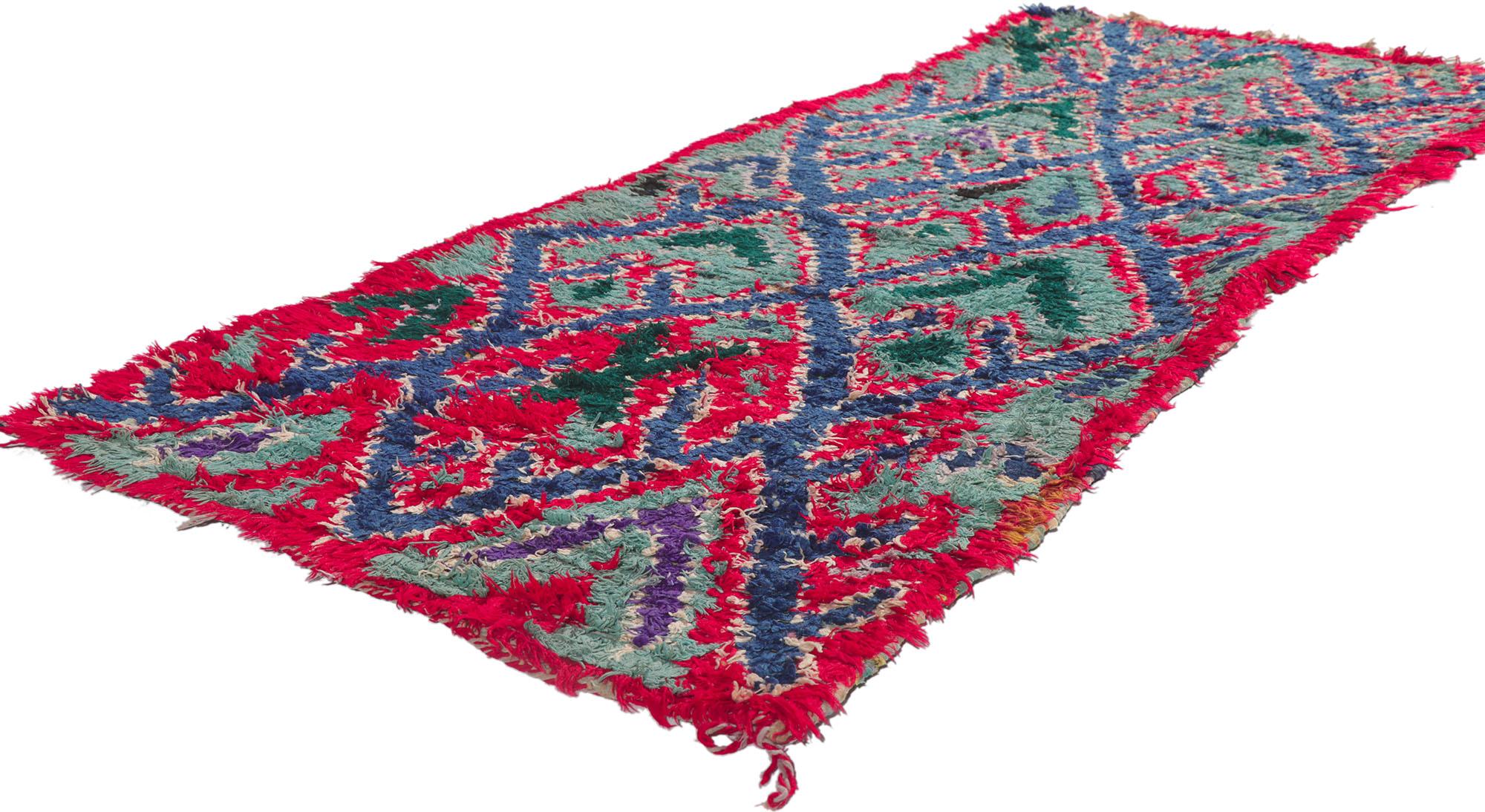 21621 Vintage Boucherouite Moroccan Rag Rug, 02'05 x 05'06. 
Step into a world of tribal enchantment and boho chic flair with this hand knotted vintage Boucherouite Moroccan rag rug. Every inch is a woven masterpiece, with a striking diamond trellis