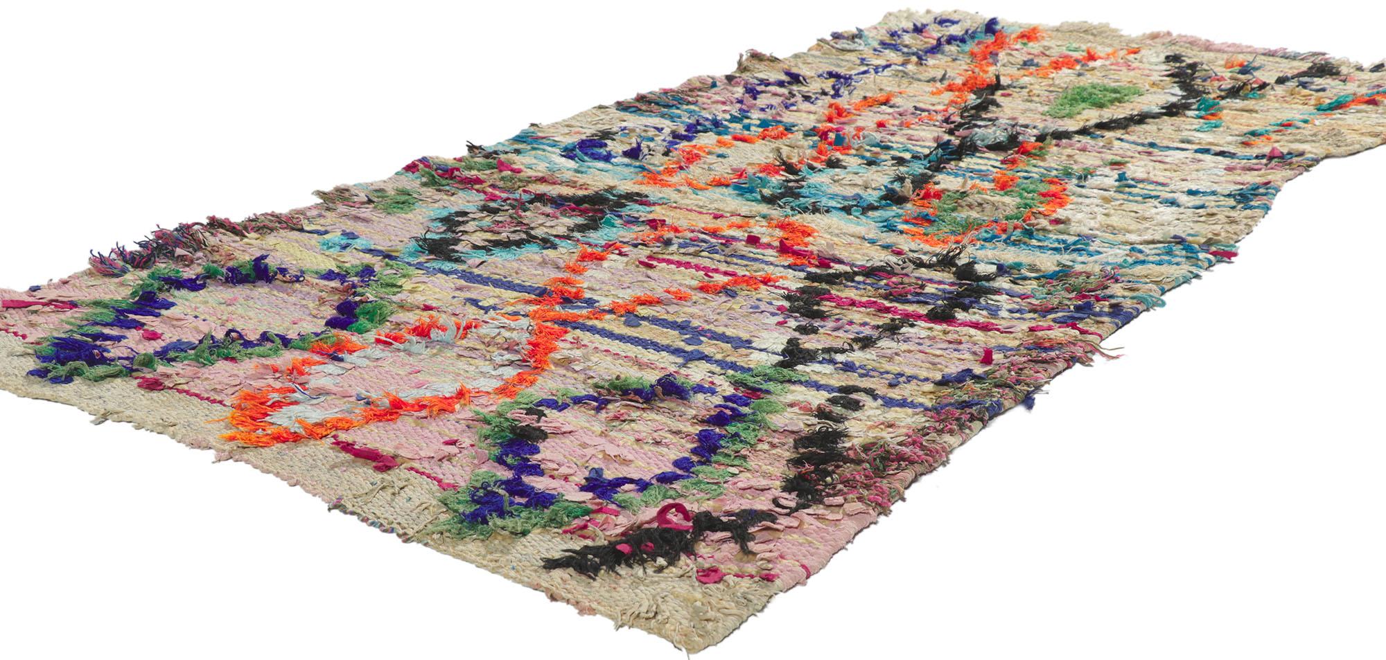 21607 Vintage Berber Moroccan Boucherouite Rag Rug, 03'00 x 05'11. Uniquely woven with recycled materials, such as cotton and wool, these Boucherouite Moroccan rugs display a colorful boho chic style. Boucherouite rugs are known as Moroccan rag