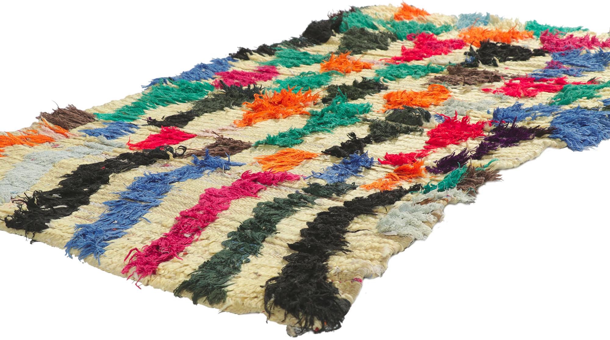21601 vintage Berber Moroccan Boucherouite rag rug 03'01 x 05'01. With its expressive tribal design, incredible detail and texture, this hand knotted vintage Berber Moroccan Boucherouite rug is a captivating vision of woven beauty. The abrashed