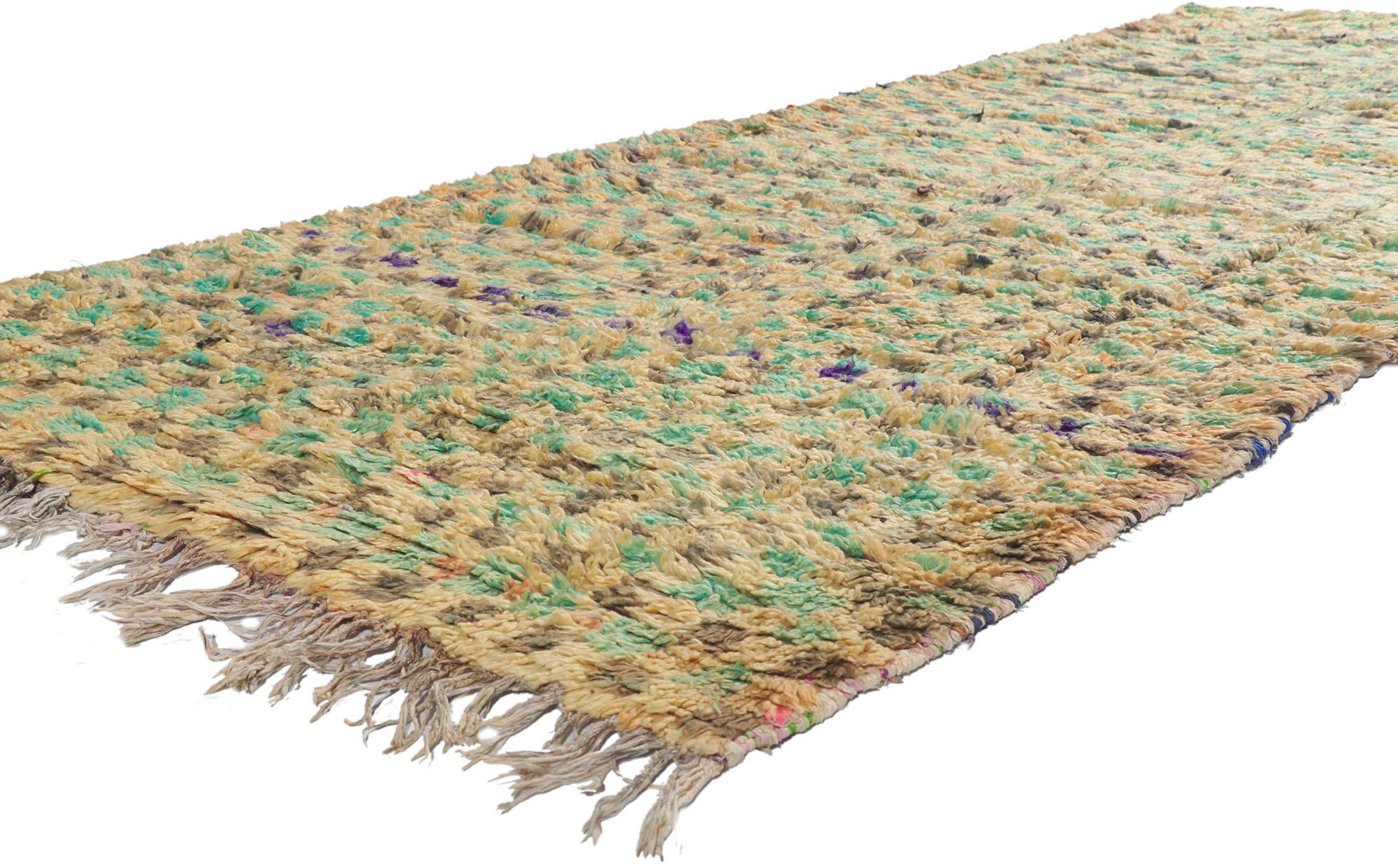 ??21496 Vintage Berber Moroccan Boucherouite Rag rug 04'03 x 10'00. ?With its expressive tribal design, incredible detail and texture, this hand knotted vintage Berber Moroccan Boucherouite rug is a captivating vision of woven beauty. The