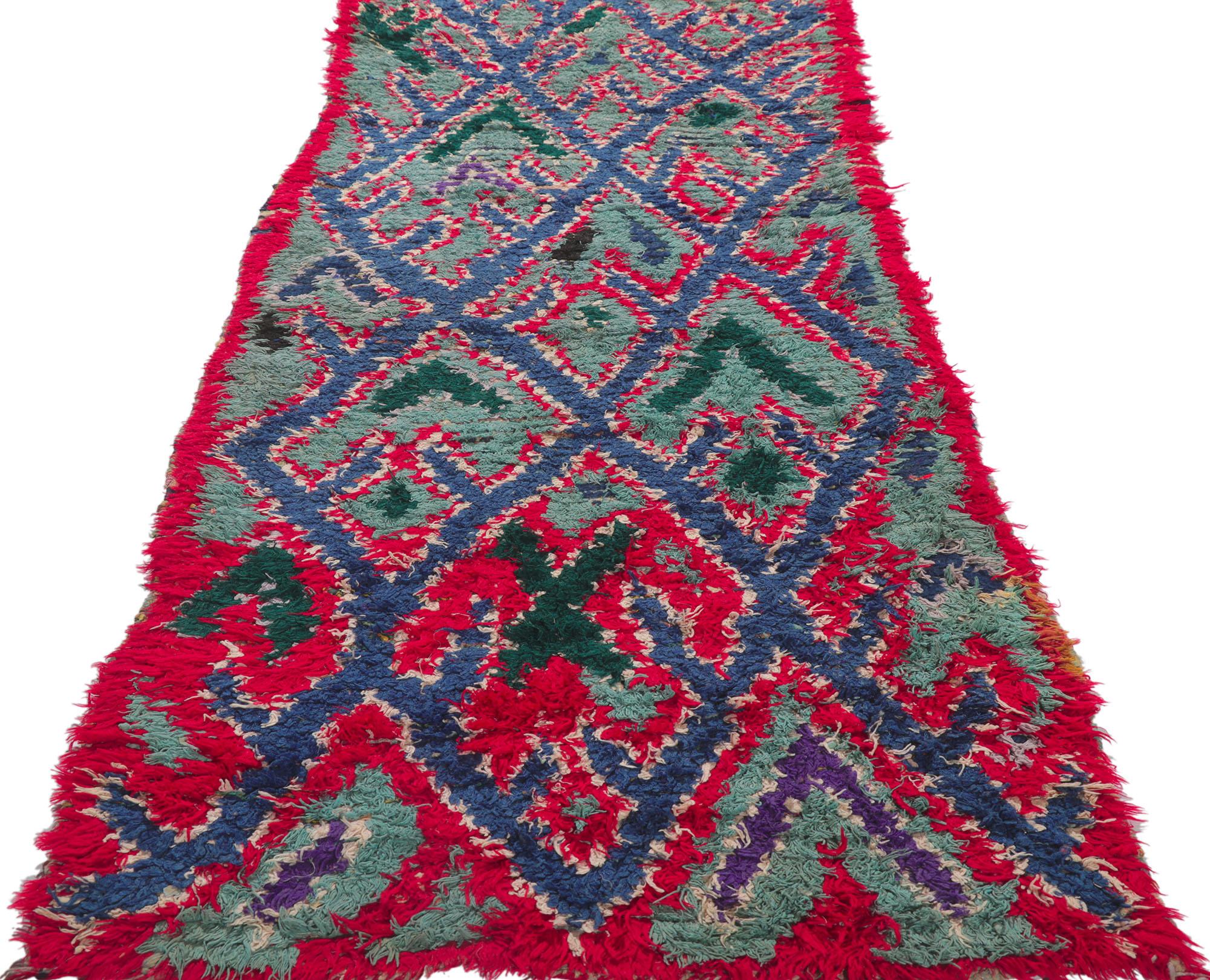 Hand-Knotted Vintage Boucherouite Moroccan Rag Rug, Nomadic Charm Meets Wabi-Sabi For Sale