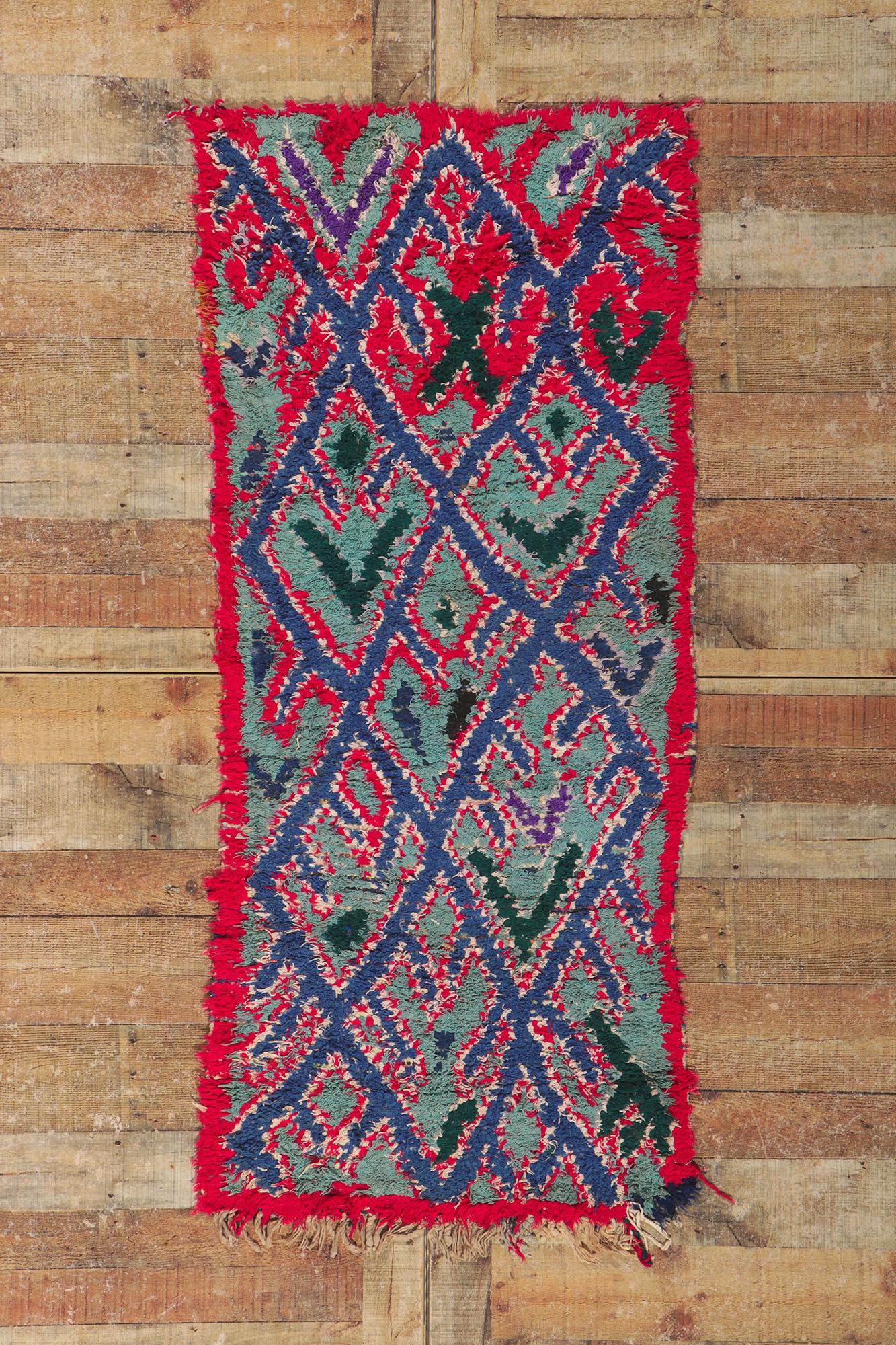Vintage Boucherouite Moroccan Rag Rug, Nomadic Charm Meets Wabi-Sabi For Sale 1