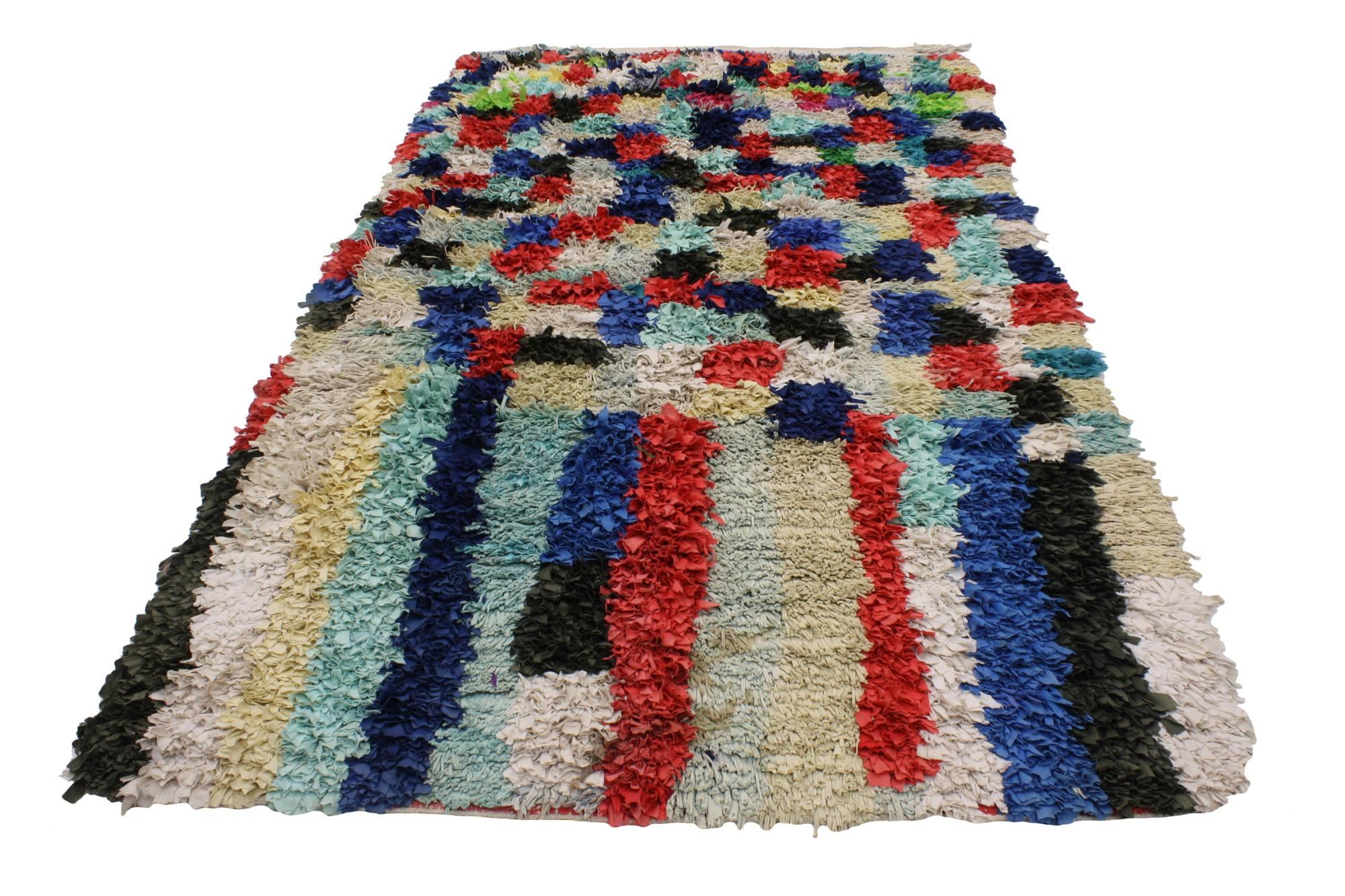 20432, Vintage Berber Moroccan Boucherouite Rug with Postmodern Bauhaus Cubism Style. This colorful vintage Berber Moroccan Boucherouite rug features a geometric pattern composed of squares and rectangles (rods). The squares and rectangular rods