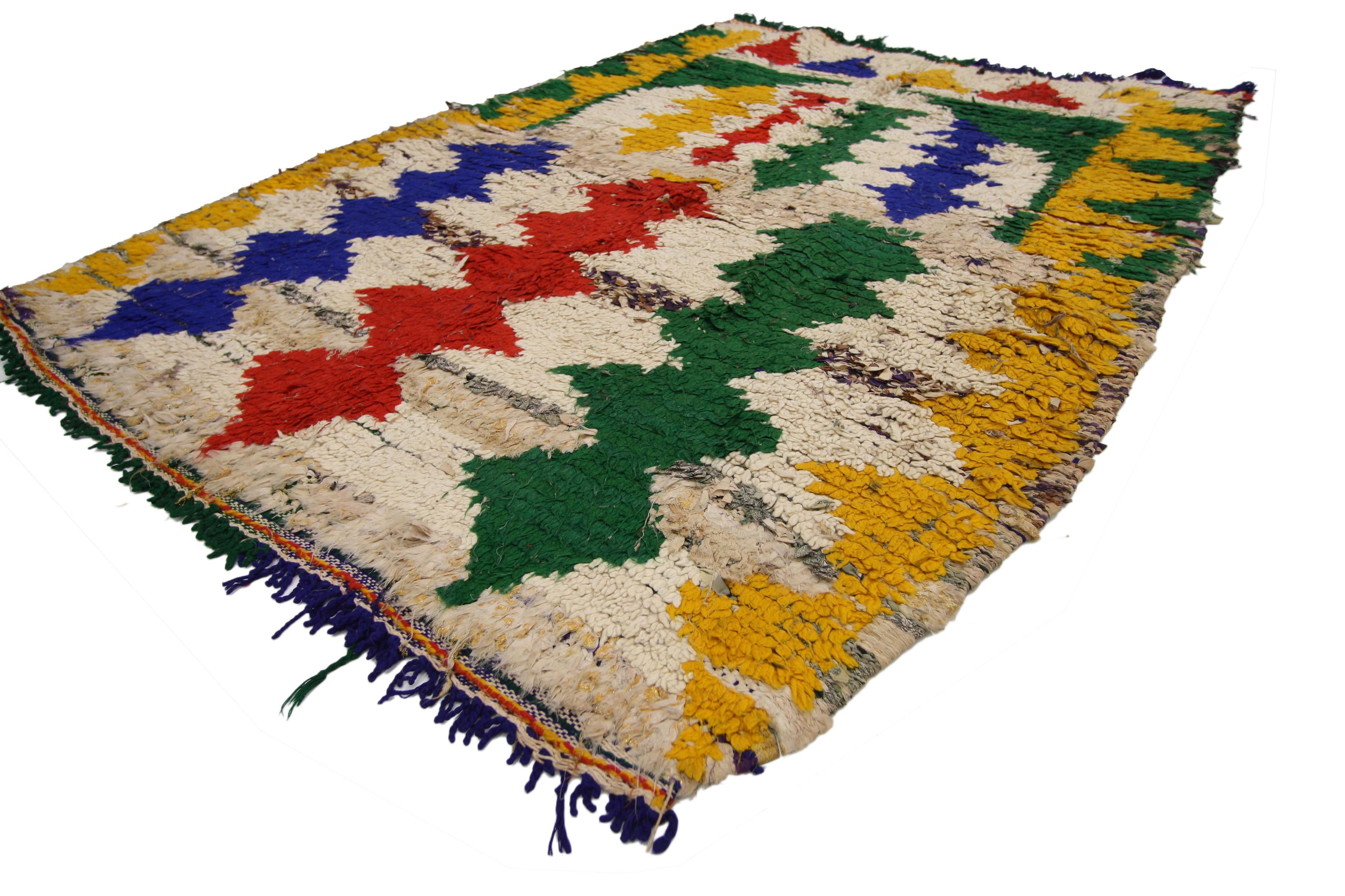 74802 Vintage Berber Moroccan Boucherouite Rug, Colorful Moroccan Shag Accent Rug 03'07 x 04'02. This hand-knotted vintage Berber Moroccan rug displays the true talent of the Berber women weavers. The vintage Boucherouite Moroccan rug features an