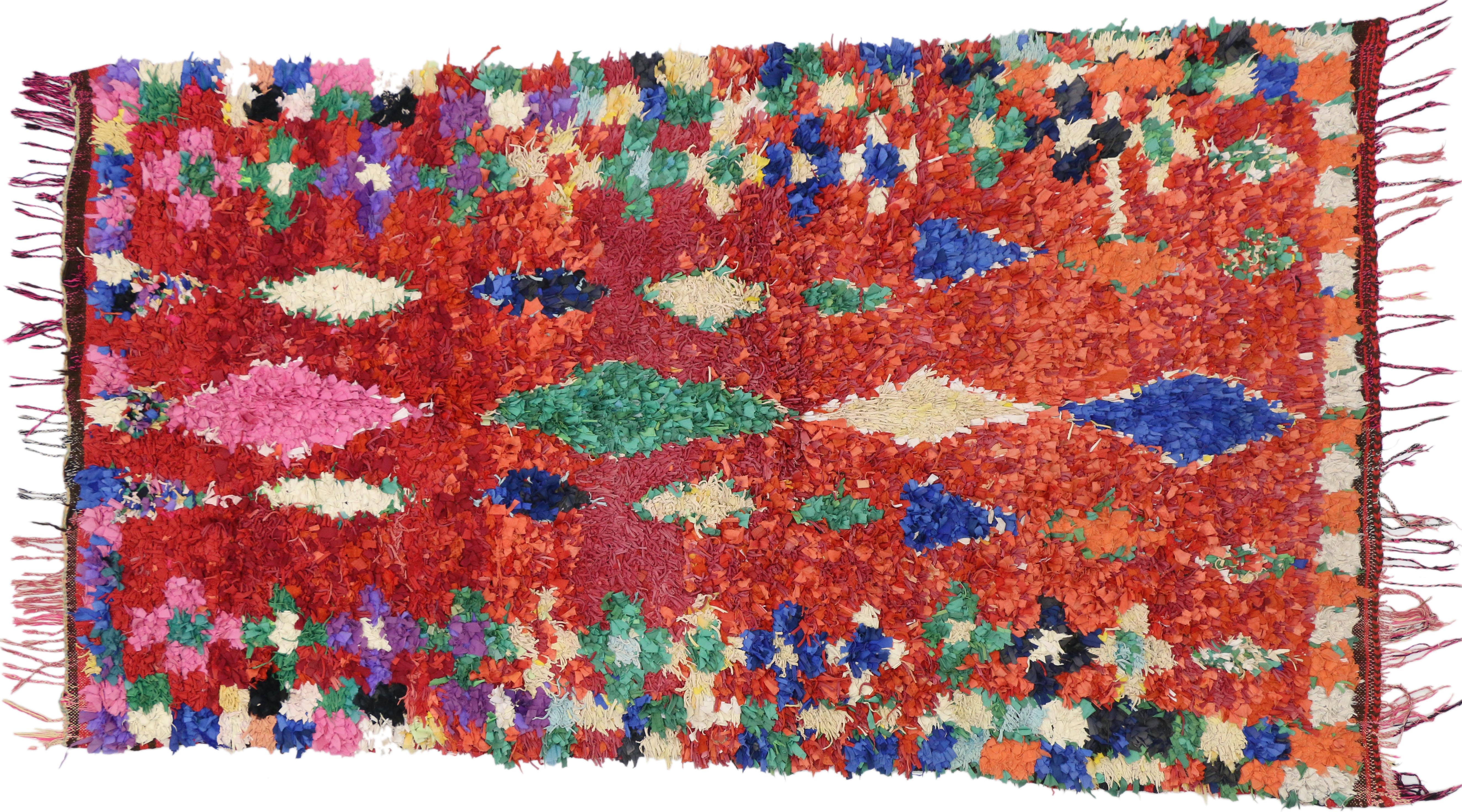 Vintage Berber Moroccan Boucherouite Rug, Colorful Moroccan Shag Area Rug In Good Condition In Dallas, TX