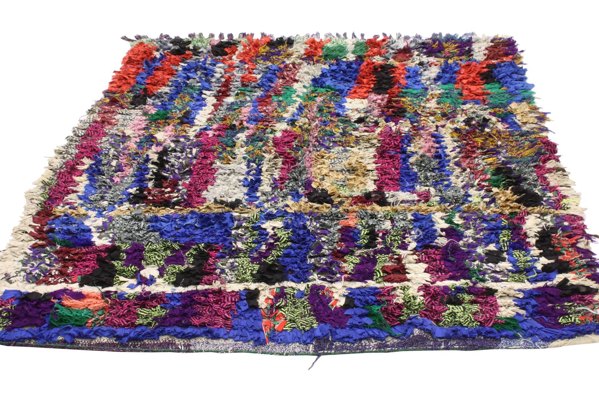 20494, vintage Berber Moroccan Boucherouite rug. Infuse tribal style and wanderlust with this vintage Berber Moroccan Boucherouite rug. Vibrant hues of the colors woven into this piece work together conjuring the Bohemian vibes and the Moroccan