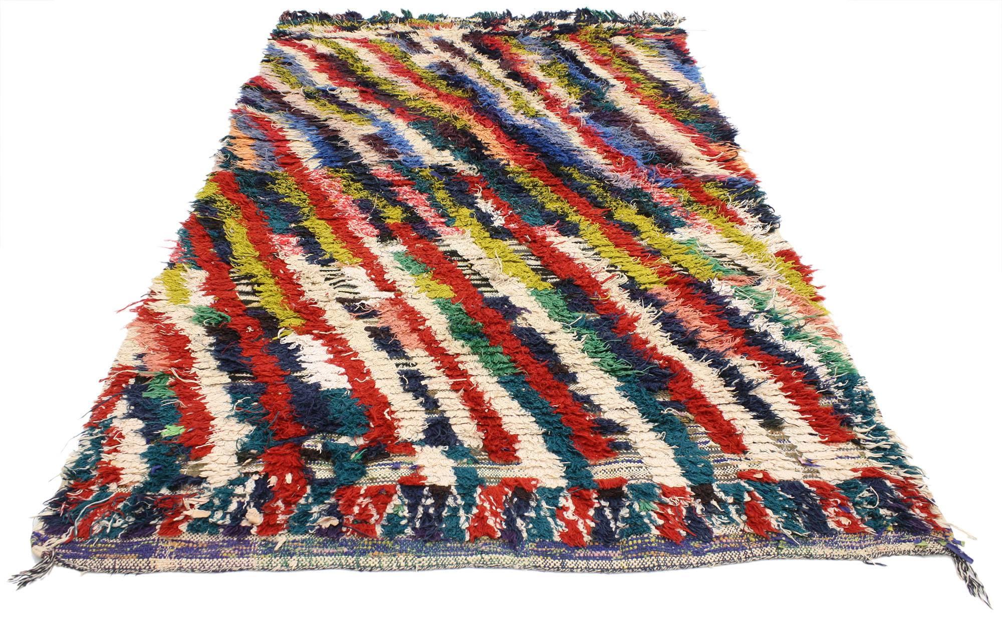 20577 Colorful Abstract Vintage Moroccan Boucherouite Rug, Inspired by Bridget Riley 03'07 x 05'11. Drawing inspiration from  with Bridget Riley's colorful diagonal stripes, this Moroccan Boucherouite rug marries vintage style of the Berber Tribes