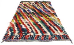 Colorful Abstract Vintage Moroccan Boucherouite Rug, Inspired by Bridget Riley