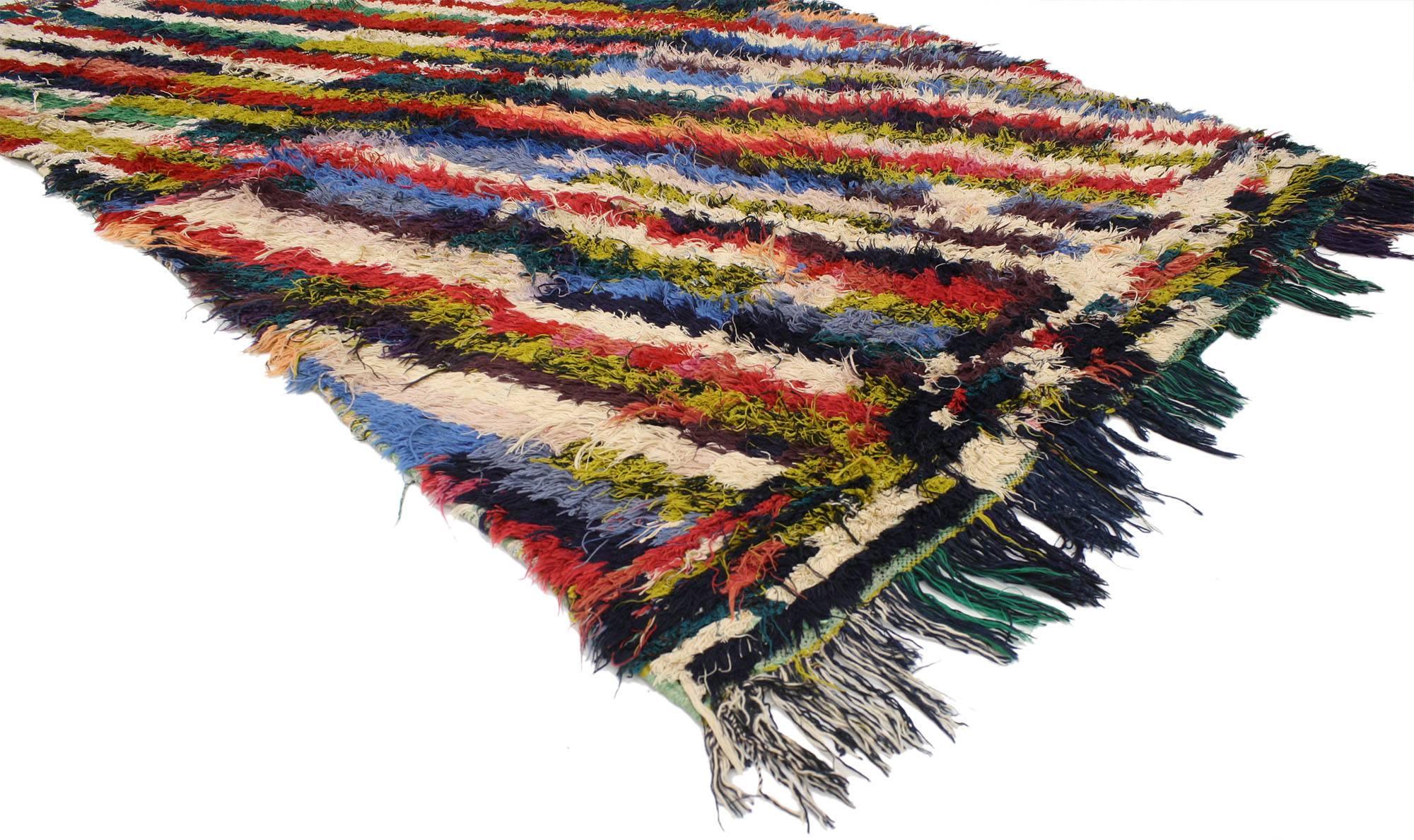 Tribal Colorful Abstract Vintage Moroccan Boucherouite Rug, Inspired by Bridget Riley For Sale