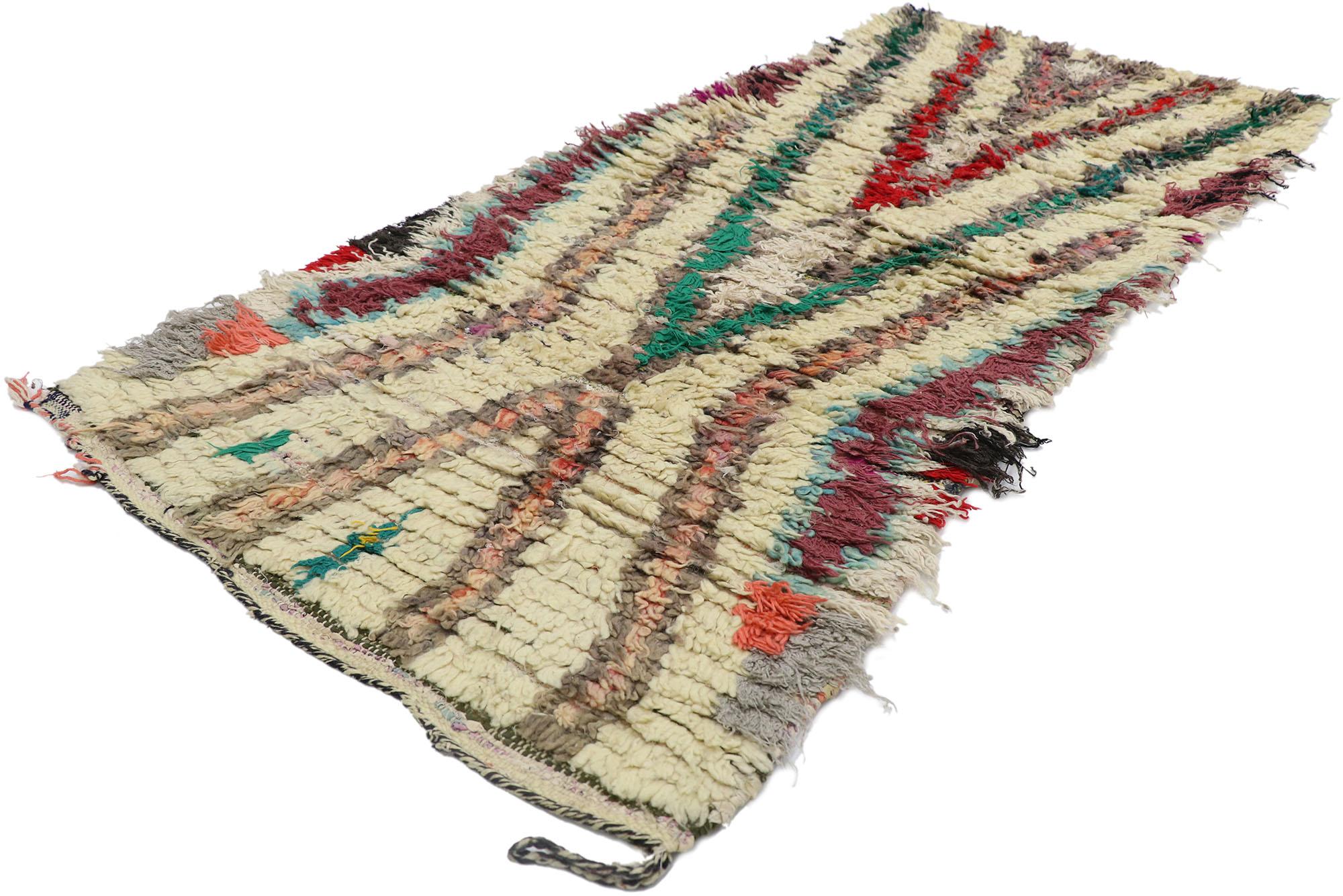 21534 Vintage Berber Moroccan Boucherouite Rug with Bohemian Tribal Style 02'04 x 05'03. Showcasing a bold expressive design, incredible detail and texture, this hand knotted cotton and wool vintage Berber Moroccan Boucherouite rug is a captivating