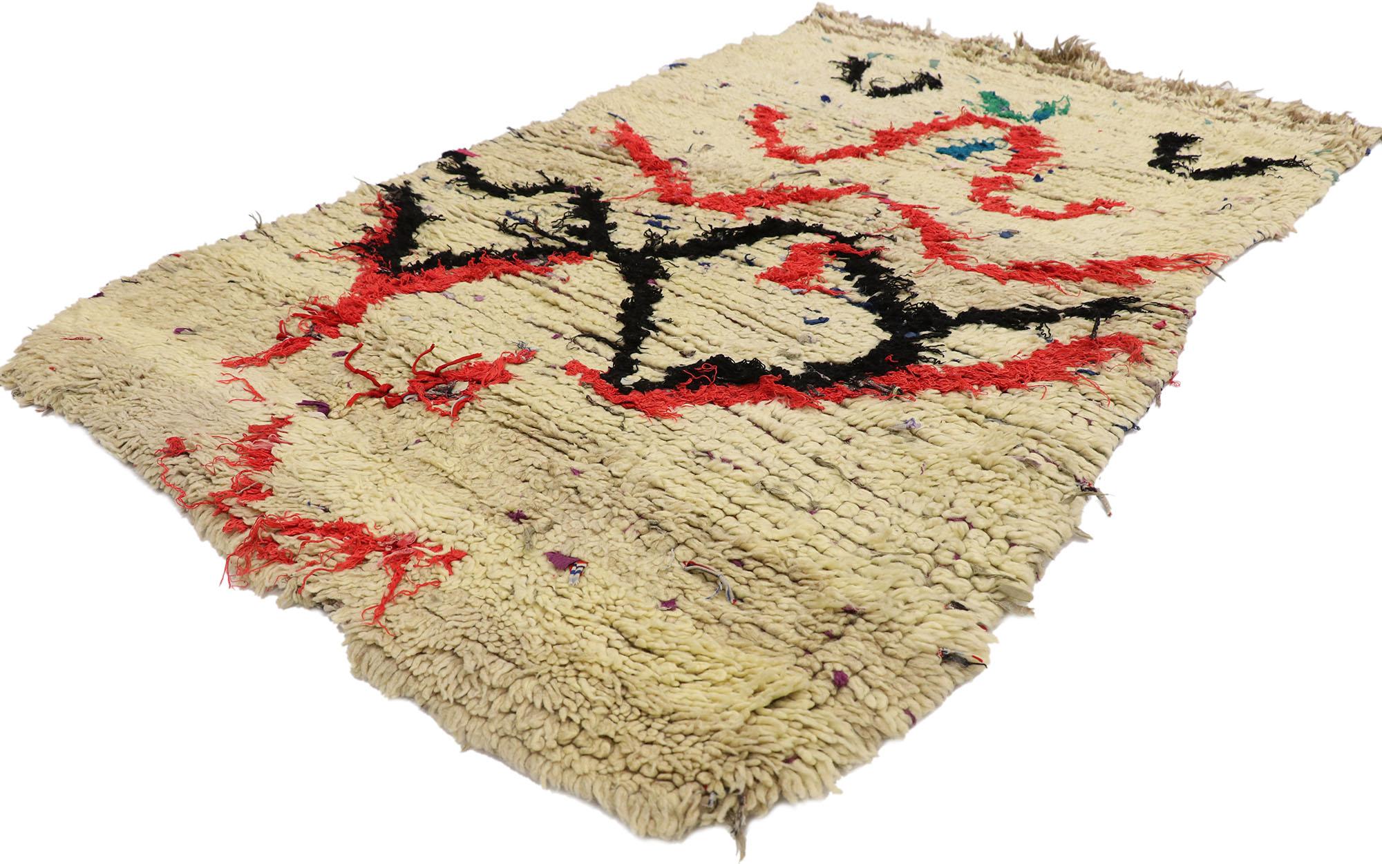 21532 vintage Berber Moroccan Boucherouite rug with Bohemian Tribal style 03'03 x 04'10. Showcasing an expressive tribal design, incredible detail and texture, this hand knotted cotton and wool vintage Berber Moroccan Boucherouite rug is a