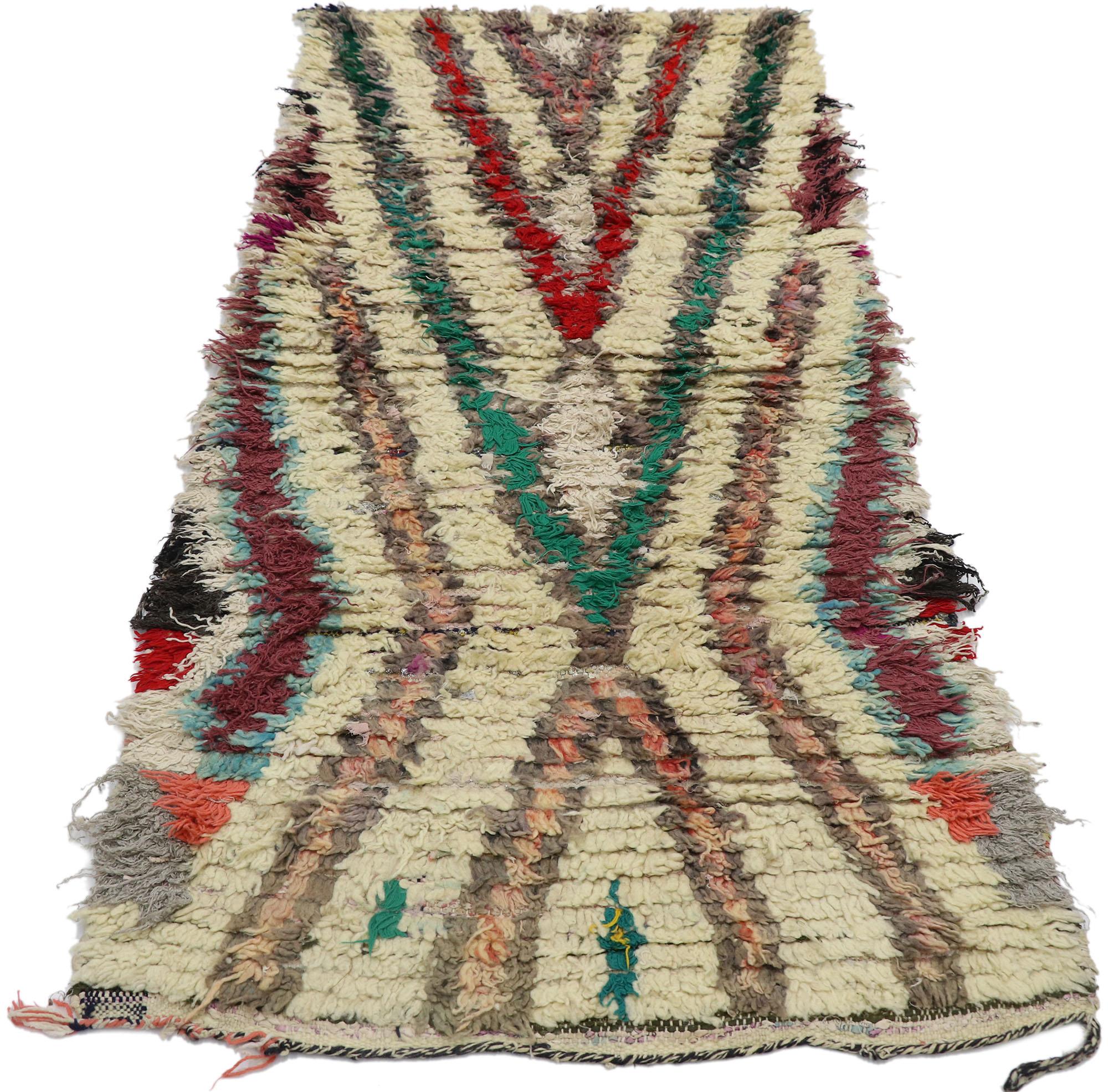 Hand-Knotted Vintage Berber Moroccan Boucherouite Rug with Bohemian Tribal Style  For Sale