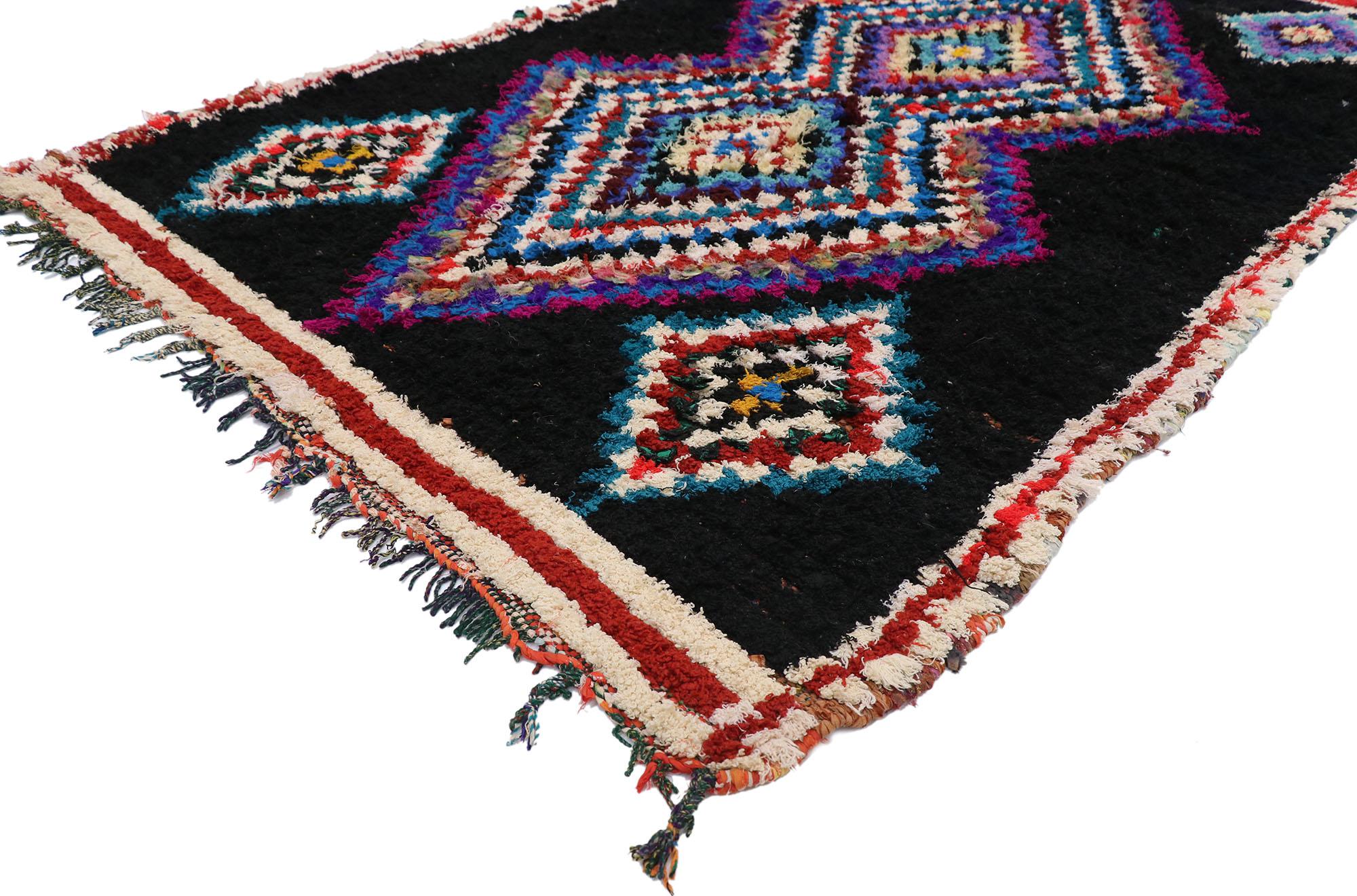 20442 Vintage Boucherouite Moroccan Azilal Rag Rug, 04'06 x 07'01. Azilal rag rugs, alternatively referred to as Azilal Boucherouite rugs, epitomize a commitment to sustainable craftsmanship originating from Morocco's Azilal region nestled within