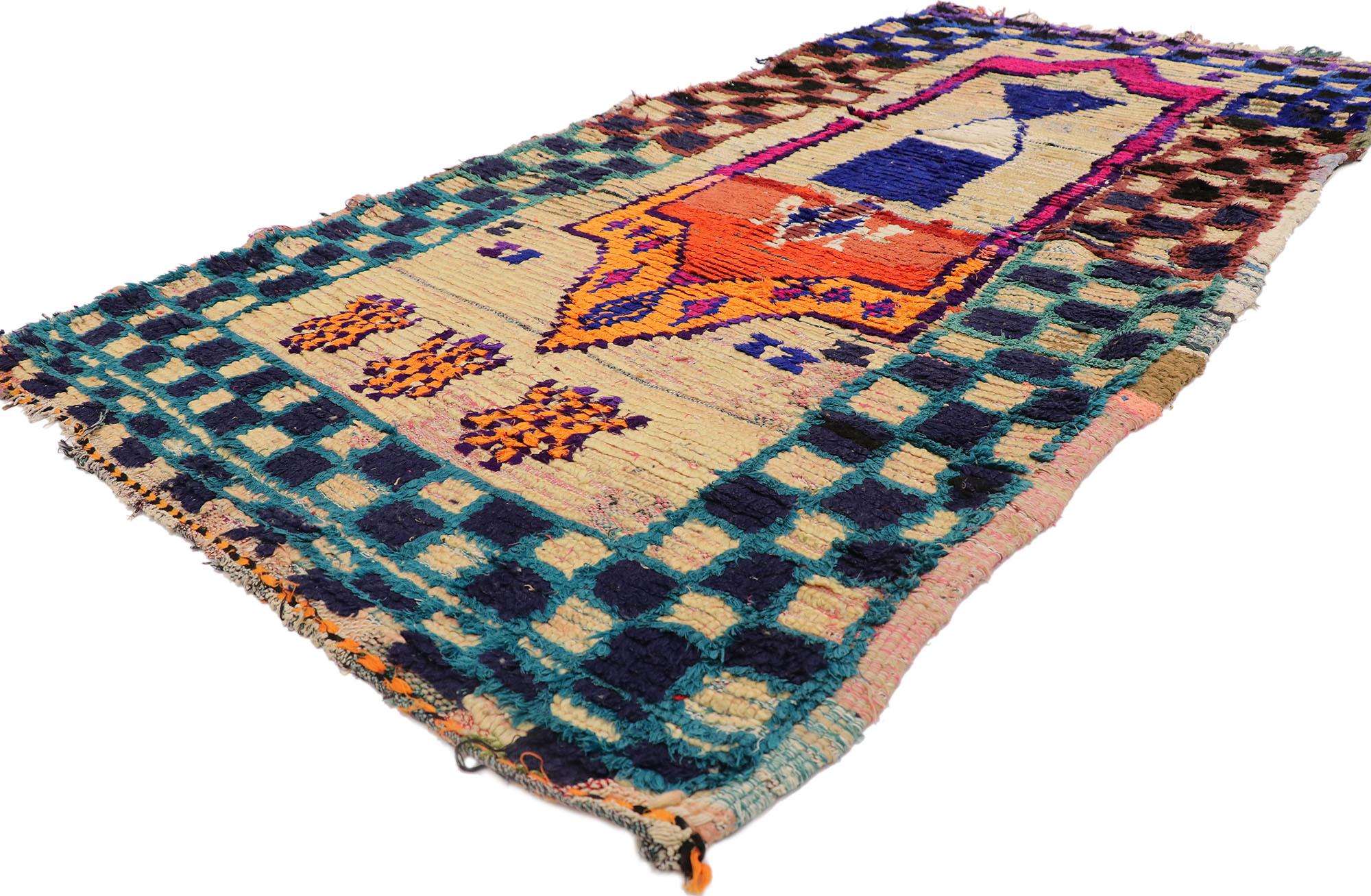 21569 Vintage Berber Moroccan Boucherouite rug with Boho Chic Tribal Style 03'11 x 07'10. Showcasing a bold expressive tribal design, incredible detail and texture, this hand knotted cotton and wool vintage Berber Boucherouite Moroccan rug is a