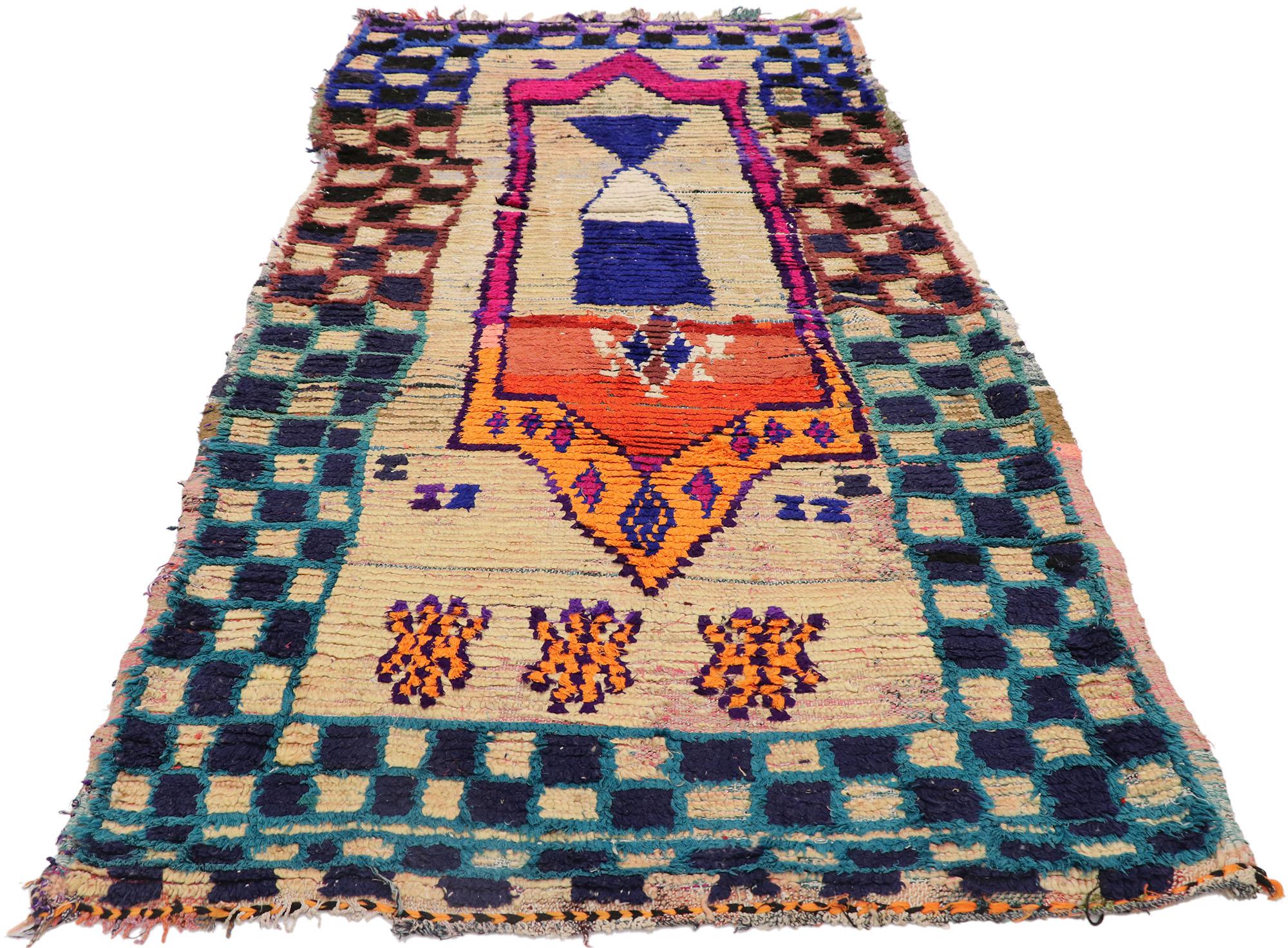 Bohemian Vintage Berber Moroccan Boucherouite Rug with Boho Chic Tribal Style For Sale