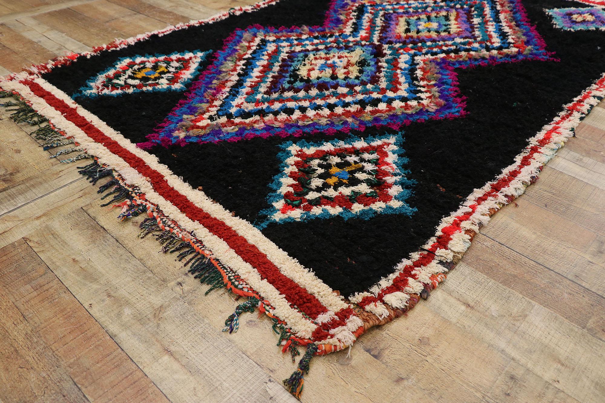 Wool Vintage Berber Moroccan Boucherouite Rug with Boho Chic Tribal Style For Sale