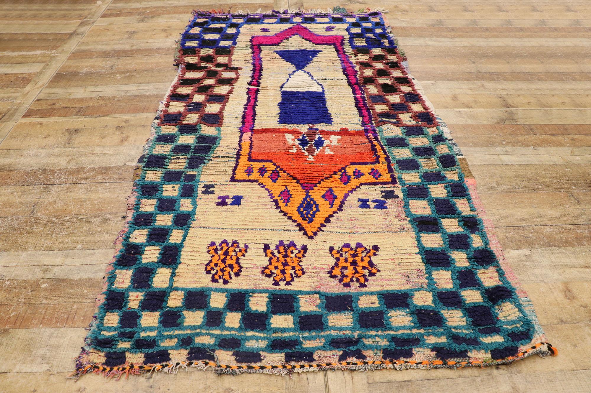 Wool Vintage Berber Moroccan Boucherouite Rug with Boho Chic Tribal Style For Sale
