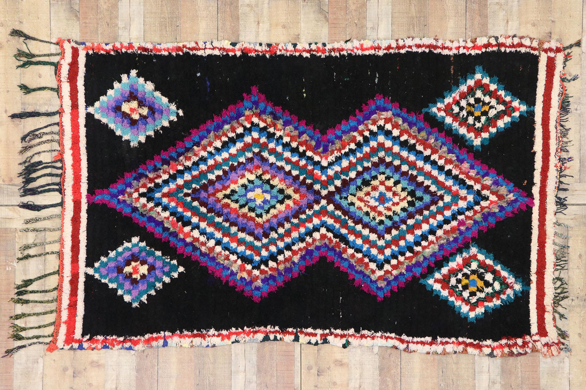 Vintage Berber Moroccan Boucherouite Rug with Boho Chic Tribal Style For Sale 2