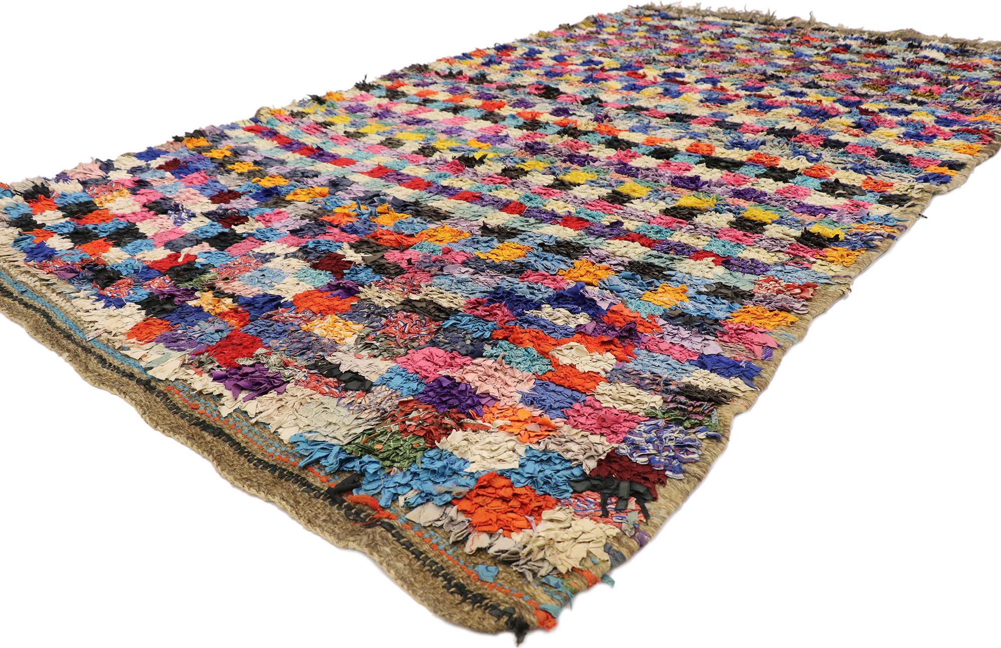 21544 vintage Berber Moroccan Boucherouite rug with Modern Cubist style 04'10 x 08'03. Showcasing a bold expressive design, incredible detail and texture, this hand knotted cotton and wool vintage Berber Moroccan Boucherouite rug is a captivating